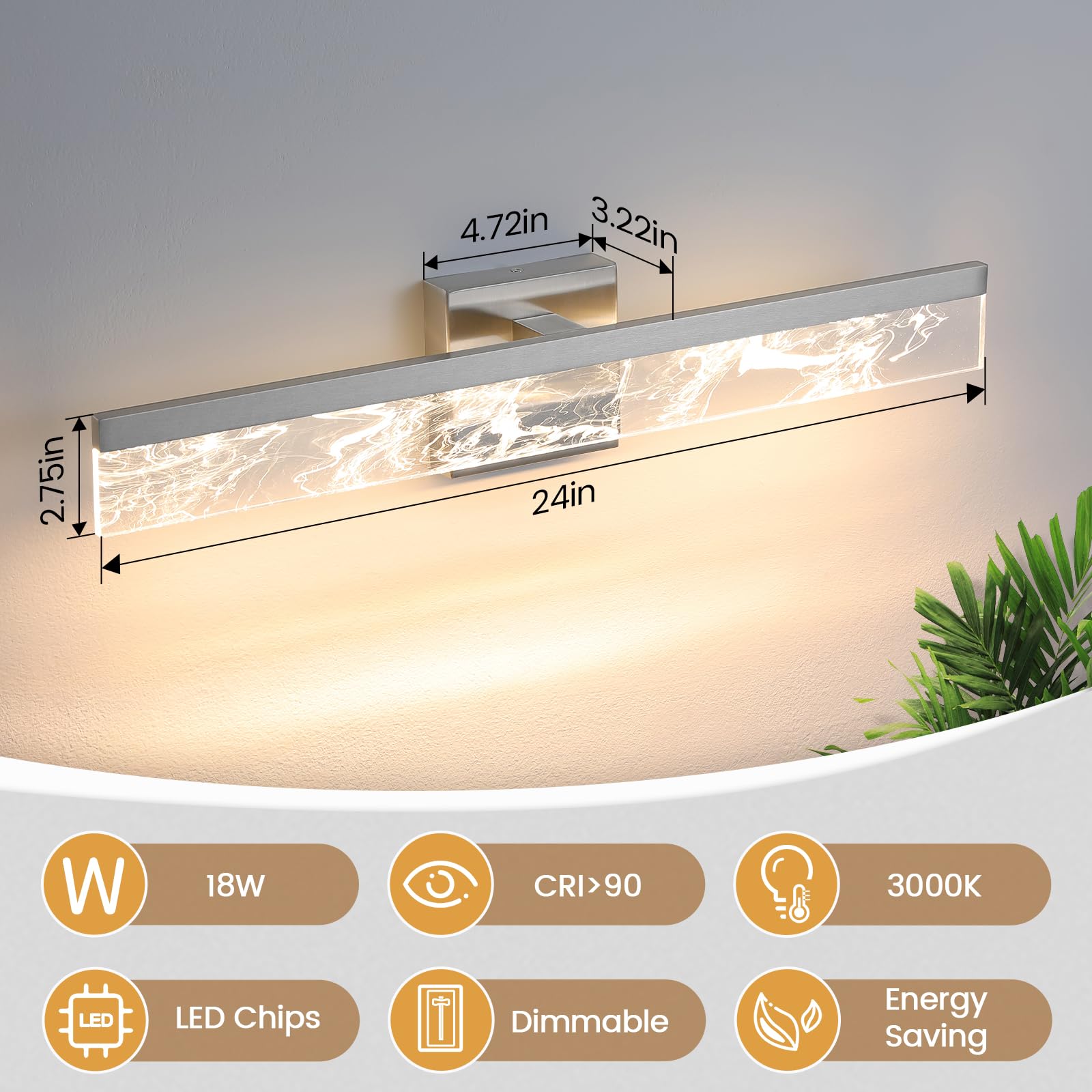AIJIASI Brushed Nickel Vanity Light, 24 Inch, 18W 3000K LED, Modern Wall Mount, Model 8205WL-24SN-US