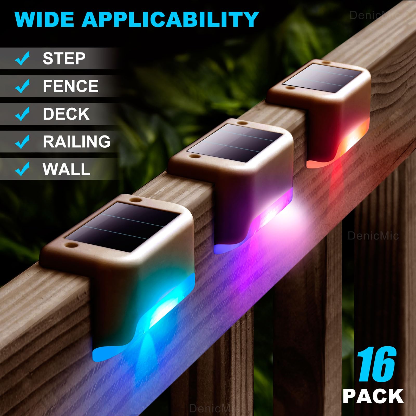 DenicMic 16 Pack Waterproof LED Solar Step Lights - Multicolor Outdoor Decoration for Decks, Stairs & Patios (Model CL-STEP01)