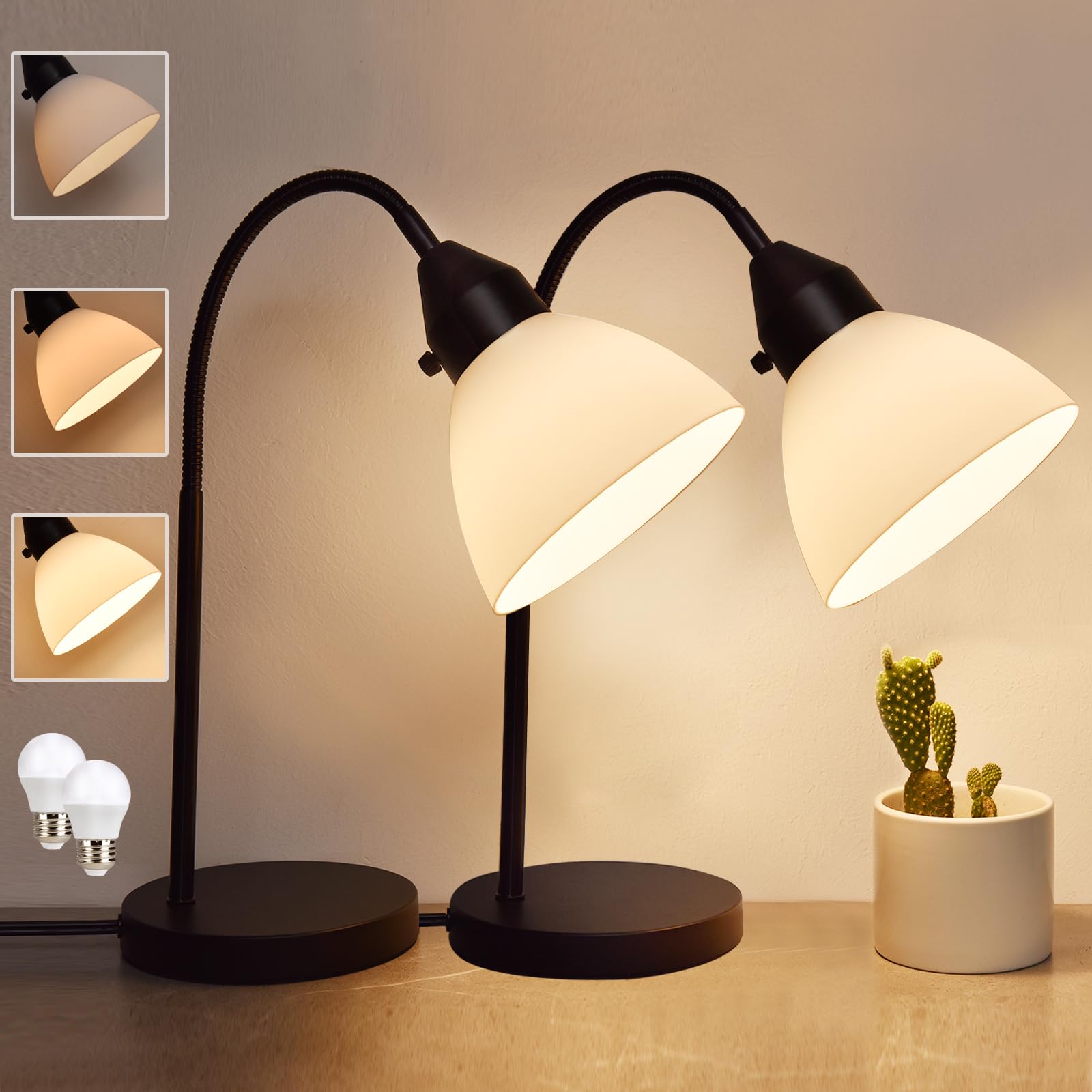 Rislg 2 Pack Led Desk Lamp, Dimmable Gooseneck Reading Light, Bulb Included, Black