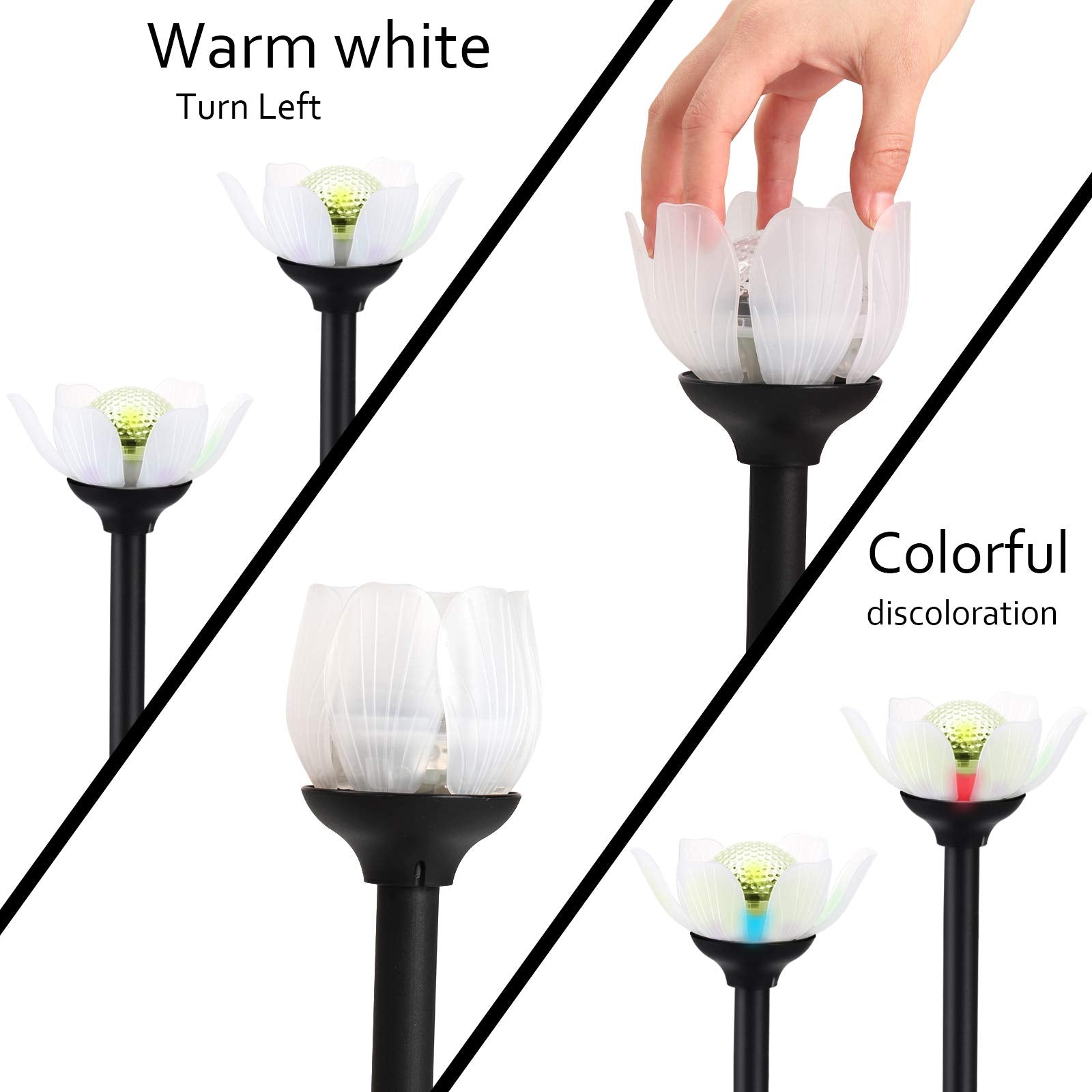 Kinna Solar Lotus Lights - 6 Pack Decorative LED Outdoor Garden Stake Lights - Warm White & Multi-Color - for Lawn & Patio