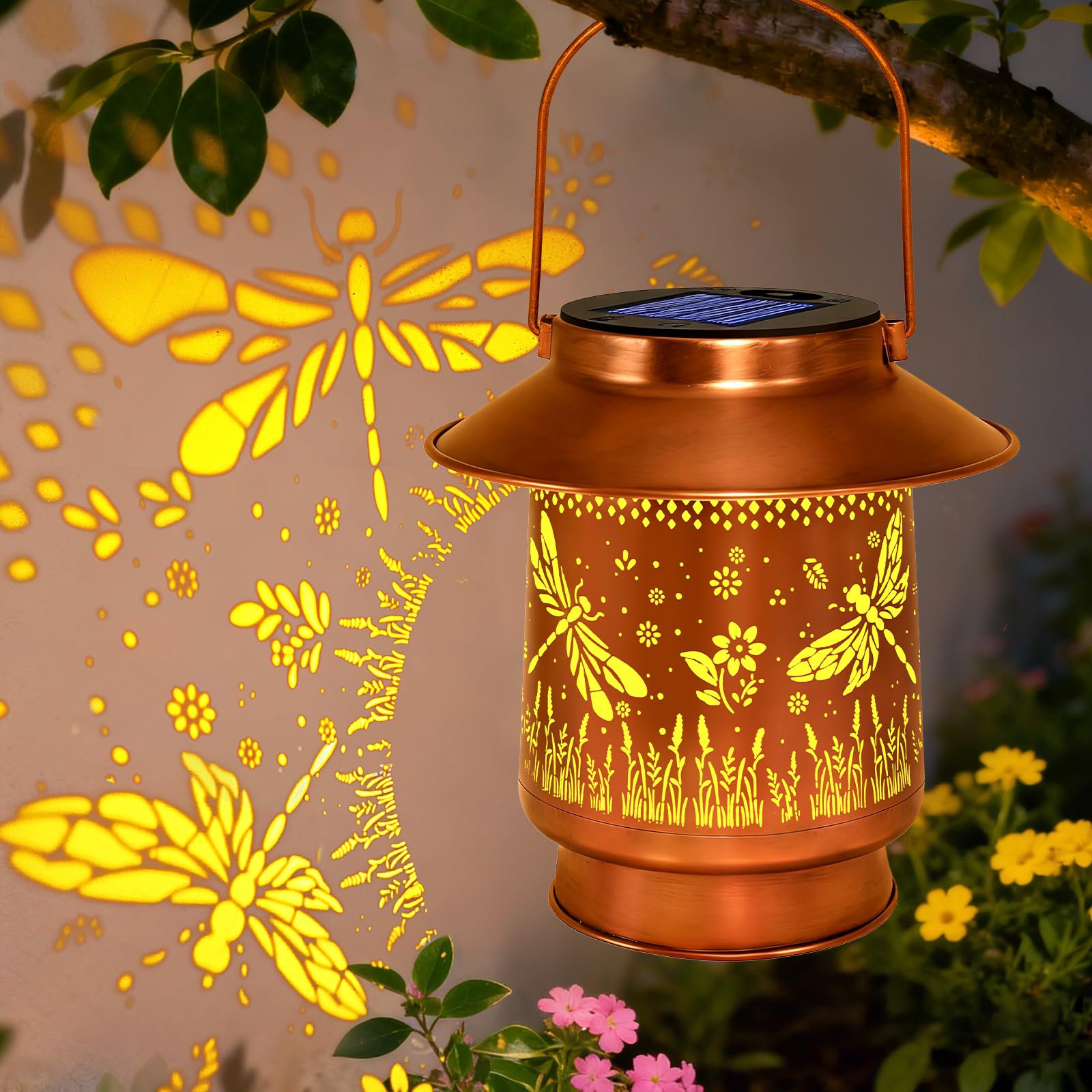 Dragonfly Solar Lanterns Outdoor Waterproof , Garden Decor Birthday Gifts for Women Mom Grandma,Metal Hanging Solar Lights Outsi