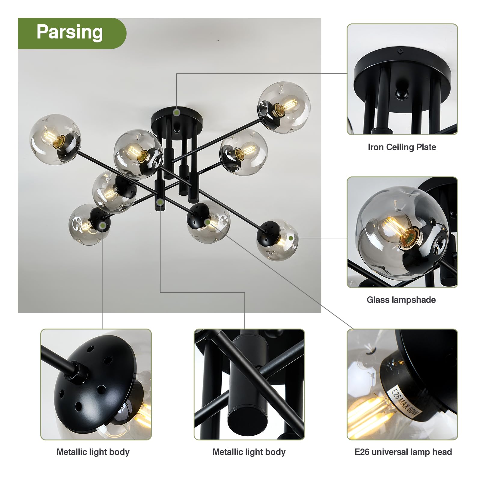 SZXYKEJI 8-Light Black Iron Glass Globe Ceiling Light Fixture, Mid Century Flush Mount Chandelier for Living Room, Dining Room, Kitchen