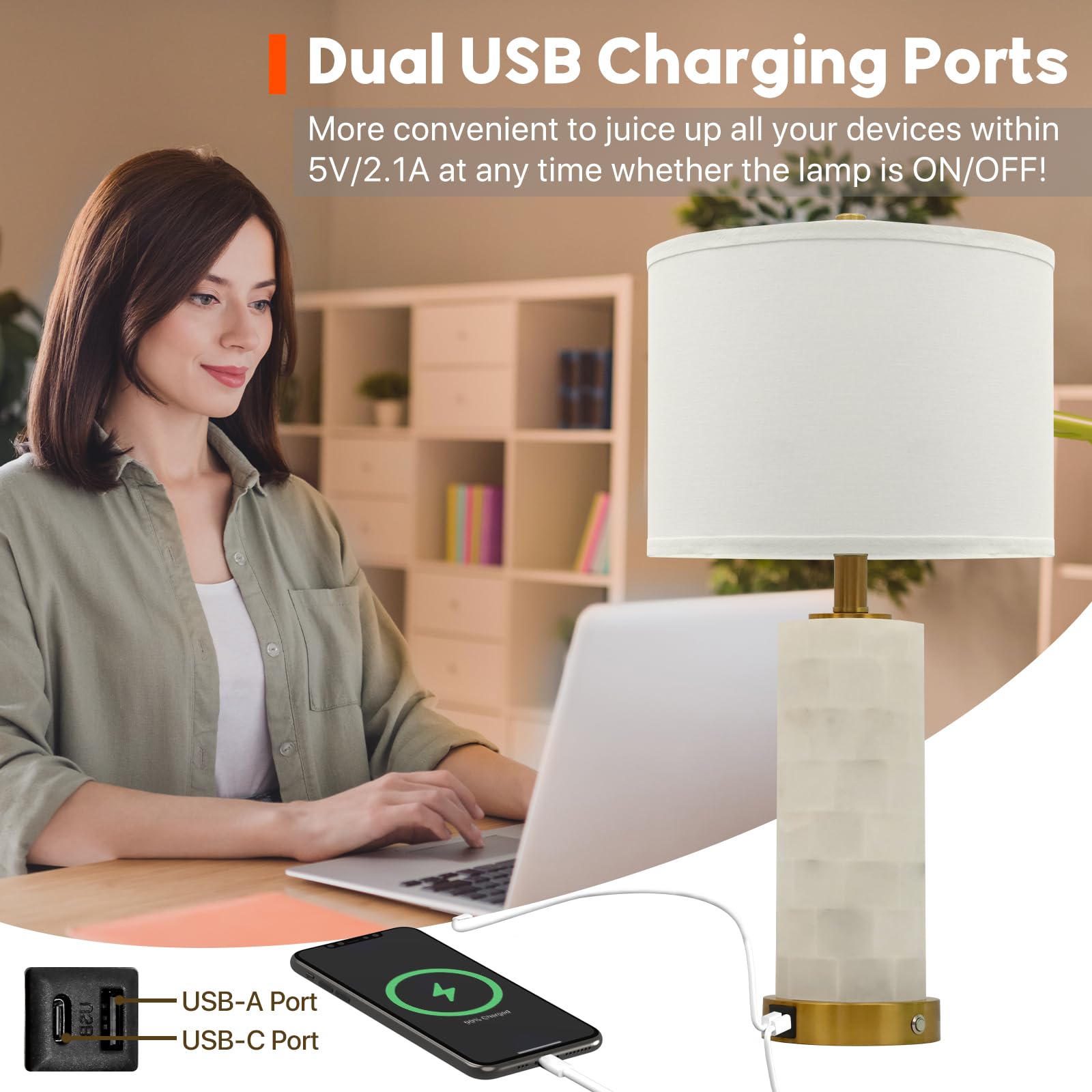 vallerico Alabaster Lamp Set of 2, 23.5" Table Lamps with USB Ports, 3-Color Temperatures, Gold Finish, Model VR-MTB-G2