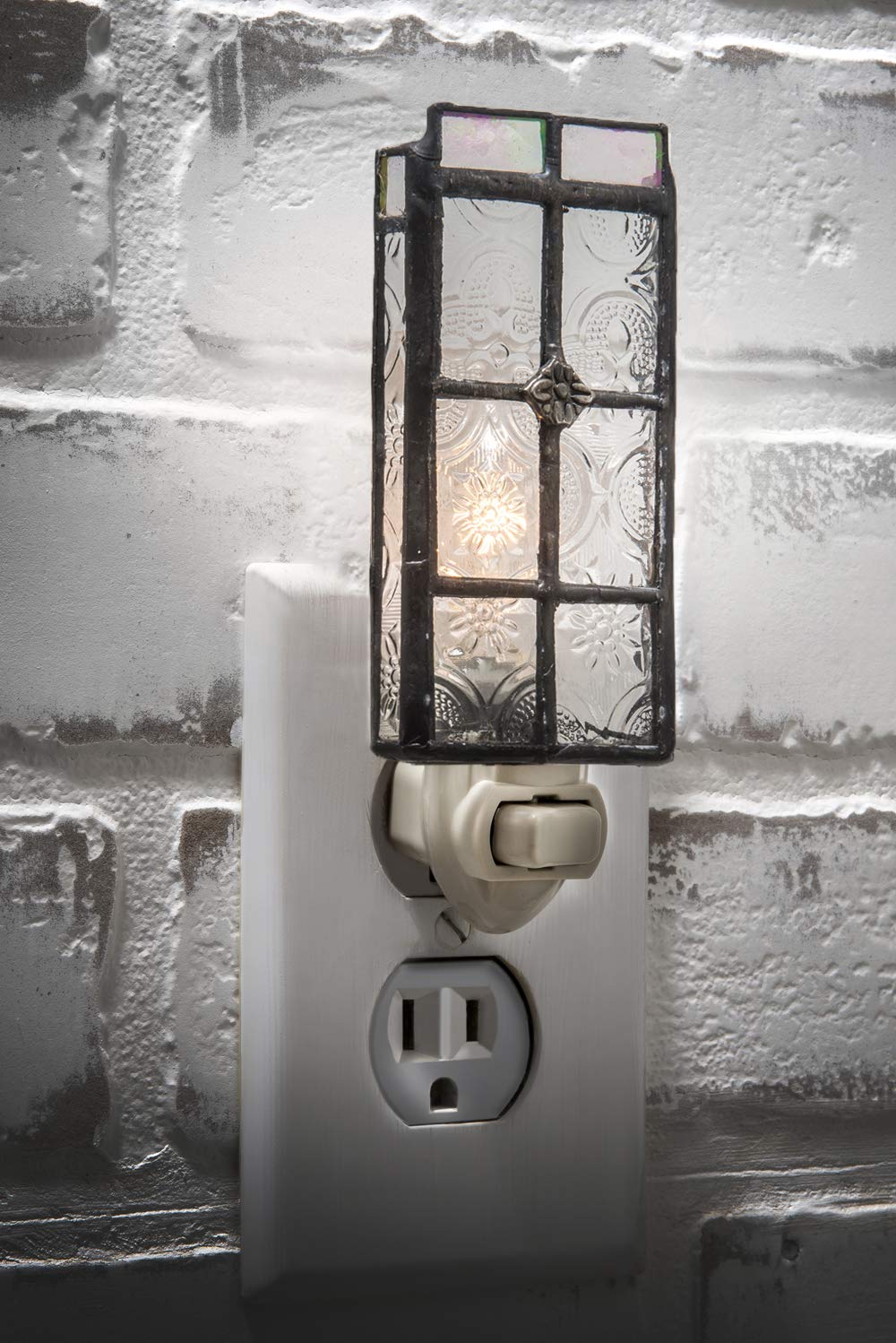 J Devlin Glass Art Vintage Night Light, Stained Glass, Plug-in, Model NTL 113, Clear/White/Black/Grey/Silver, Home Decor