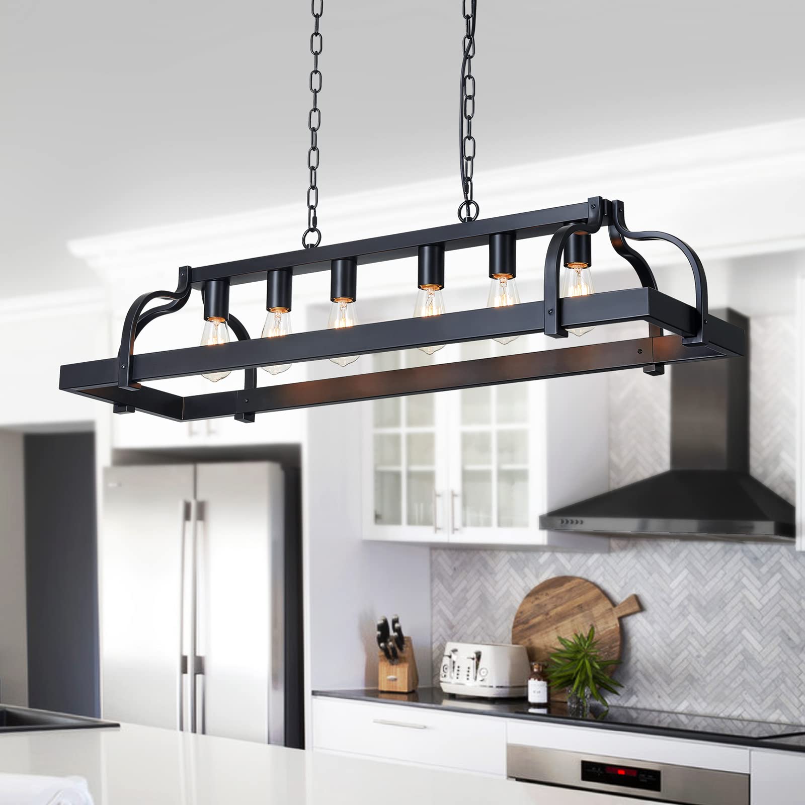 Wuzups 6-Light Metal Pot Hanging Rack Chandelier Linear Pendant Ceiling Lighting Rustic Farmhouse Fixture Kitchen Island Dining