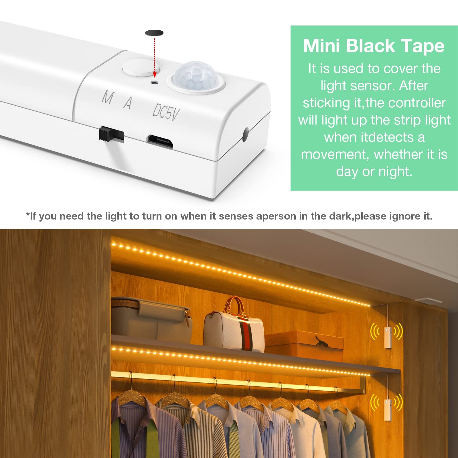 WOBANE Dual Motion Sensor Under Bed Lights, 16.4ft LED Tape Light, Flexible, Rechargeable, Warm White, Model CL13-2700, Battery Powered