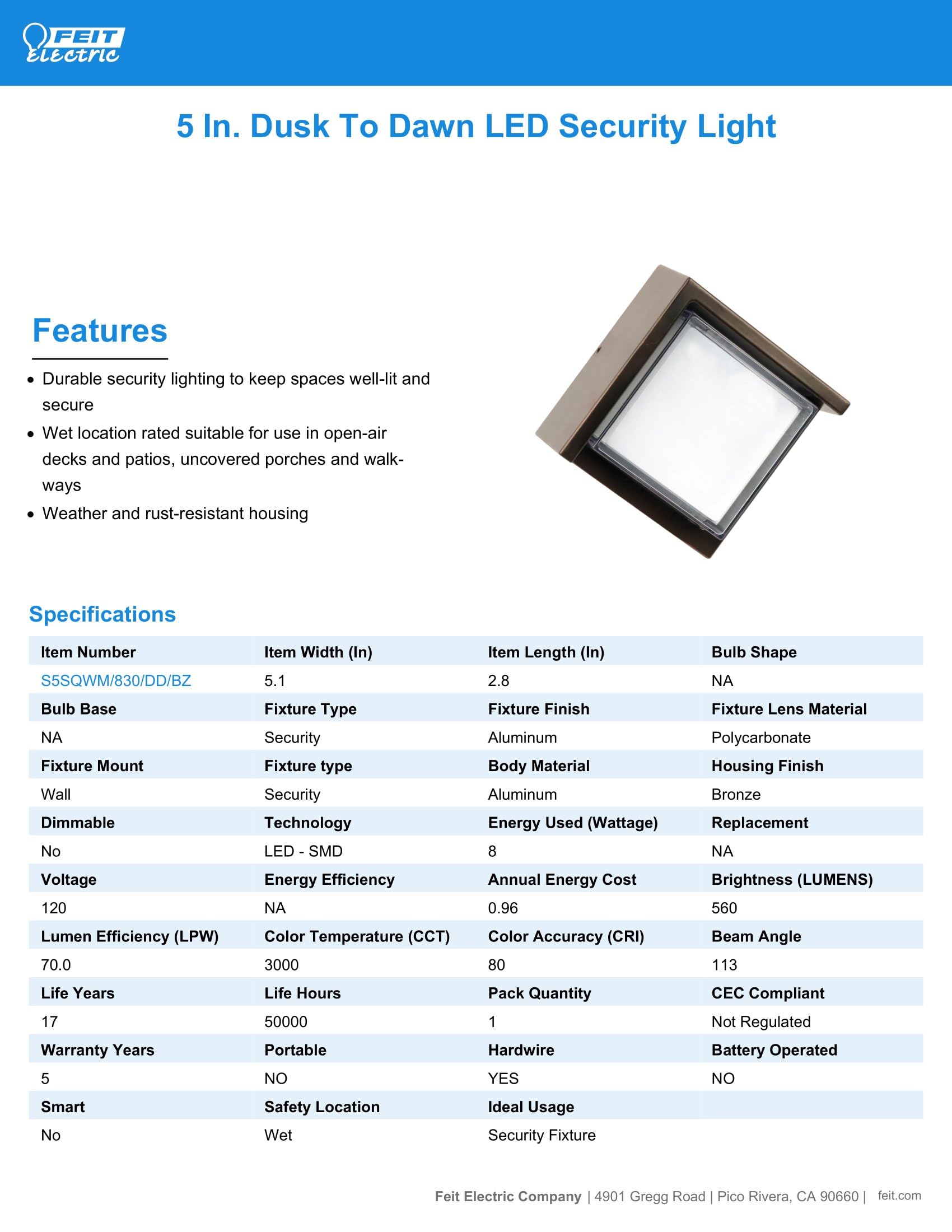 Feit Electric LED Wall Light, 7.5W, 500 Lumen, 3000K, Square, Bronze, Model S5SQWM/830/DD/BZ