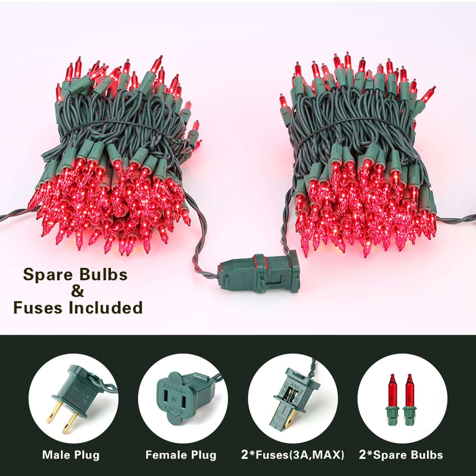 Odeetronic Red Christmas String Lights, 21.63Ft 100 Count Incandescent Mini Lights String Connectable, Ul Certified Indoor/Outdoor Green Wire Decorative Lights For Xmas Tree, Patio, Party, Home Decor