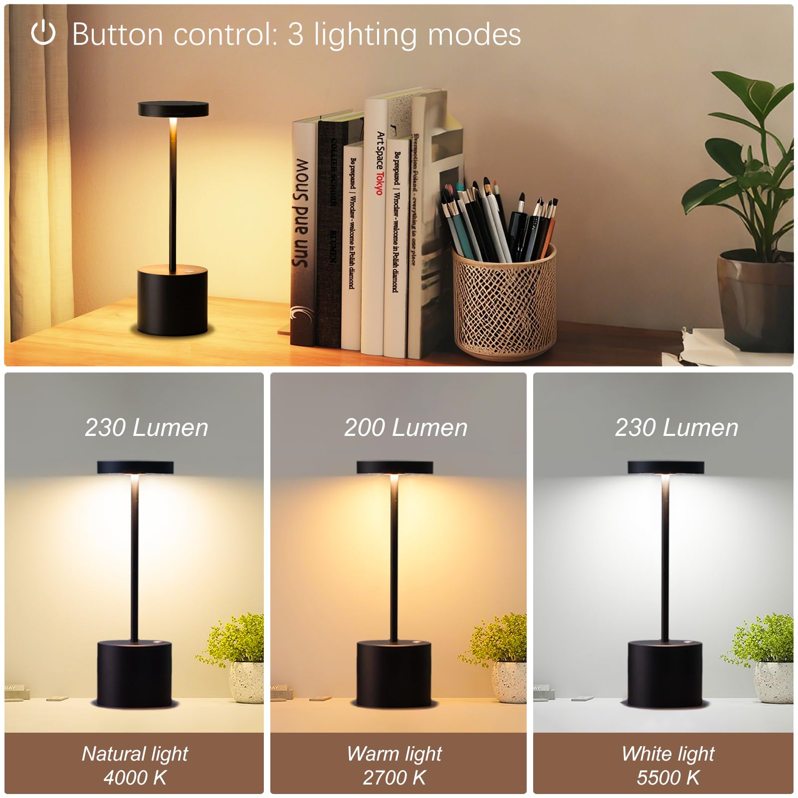 Barryca Cordless LED Table Lamp, Rechargeable, Dimmable, 5000mAh Battery, 2-Pack Black, Portable for Indoor/Outdoor Use