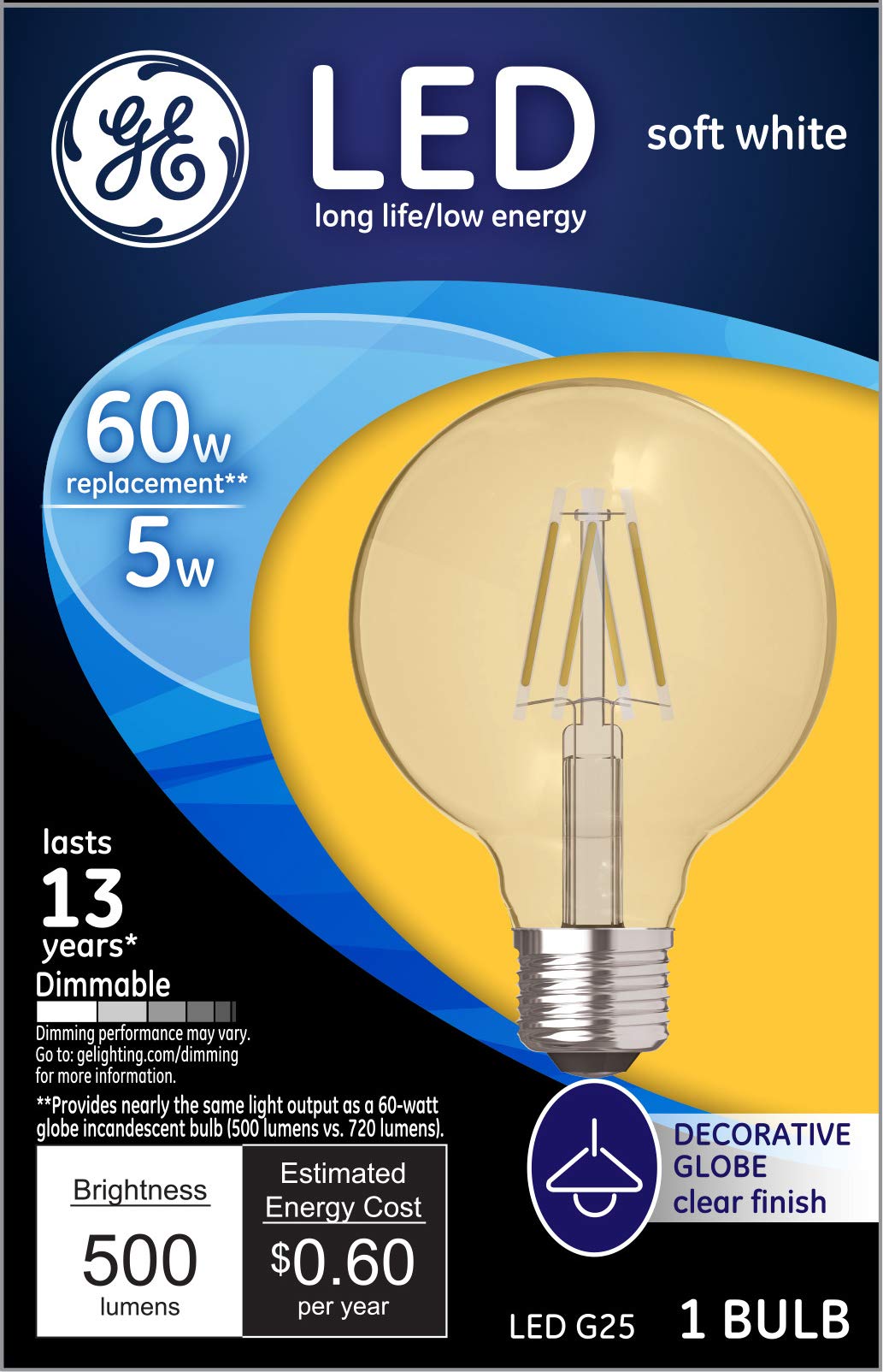 Ge Lighting Led Globe Light Bulbs, G25 Bulb, 5 Watt (60 Watt Equivalent) Soft White, Clear Finish, Medium Base, Dimmable (1 Pack
