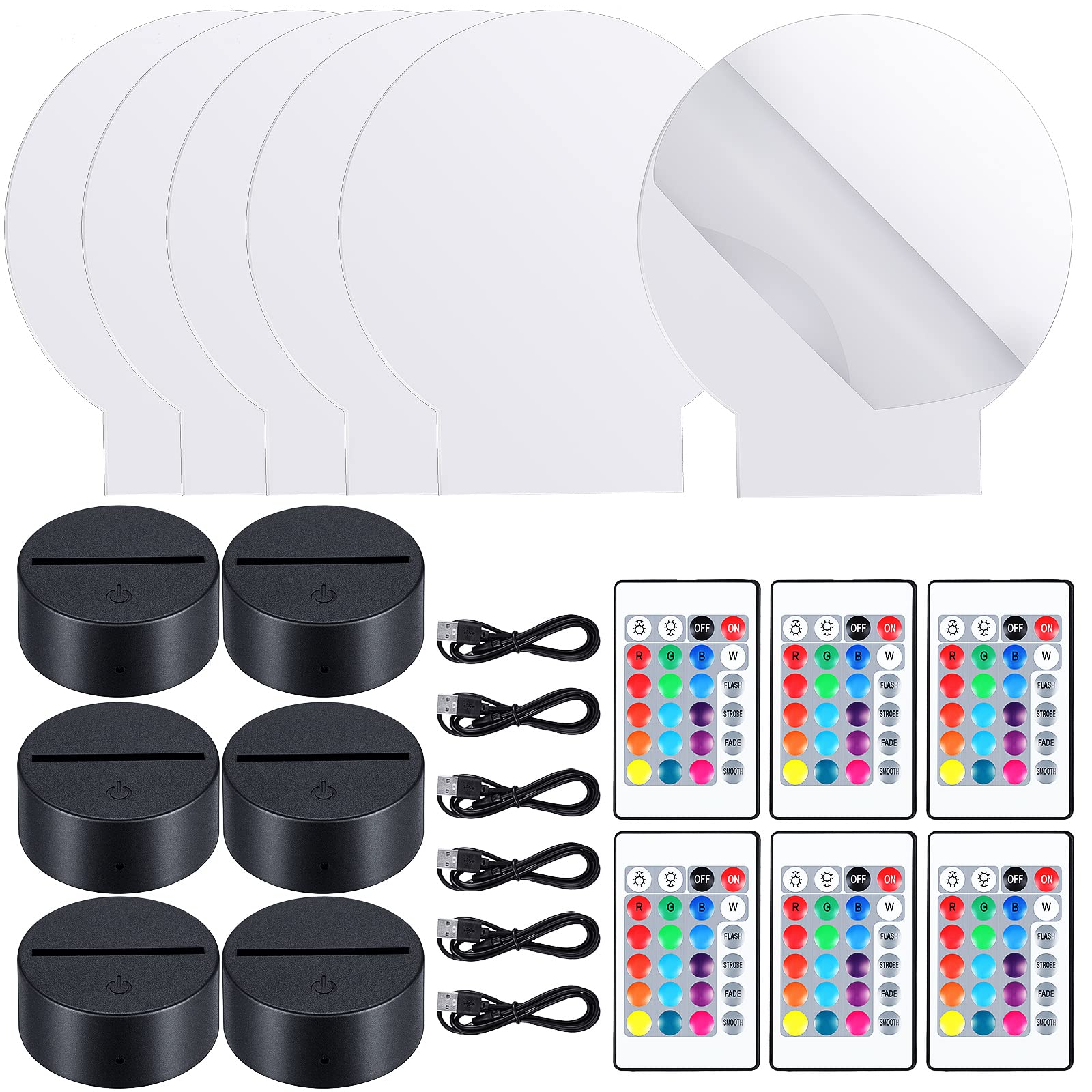 Honoson 3D Night LED Light Lamp Set, 6 Bases, 6 Acrylic Sheets, 16 Colors, Remote Control, Clear, Round Style