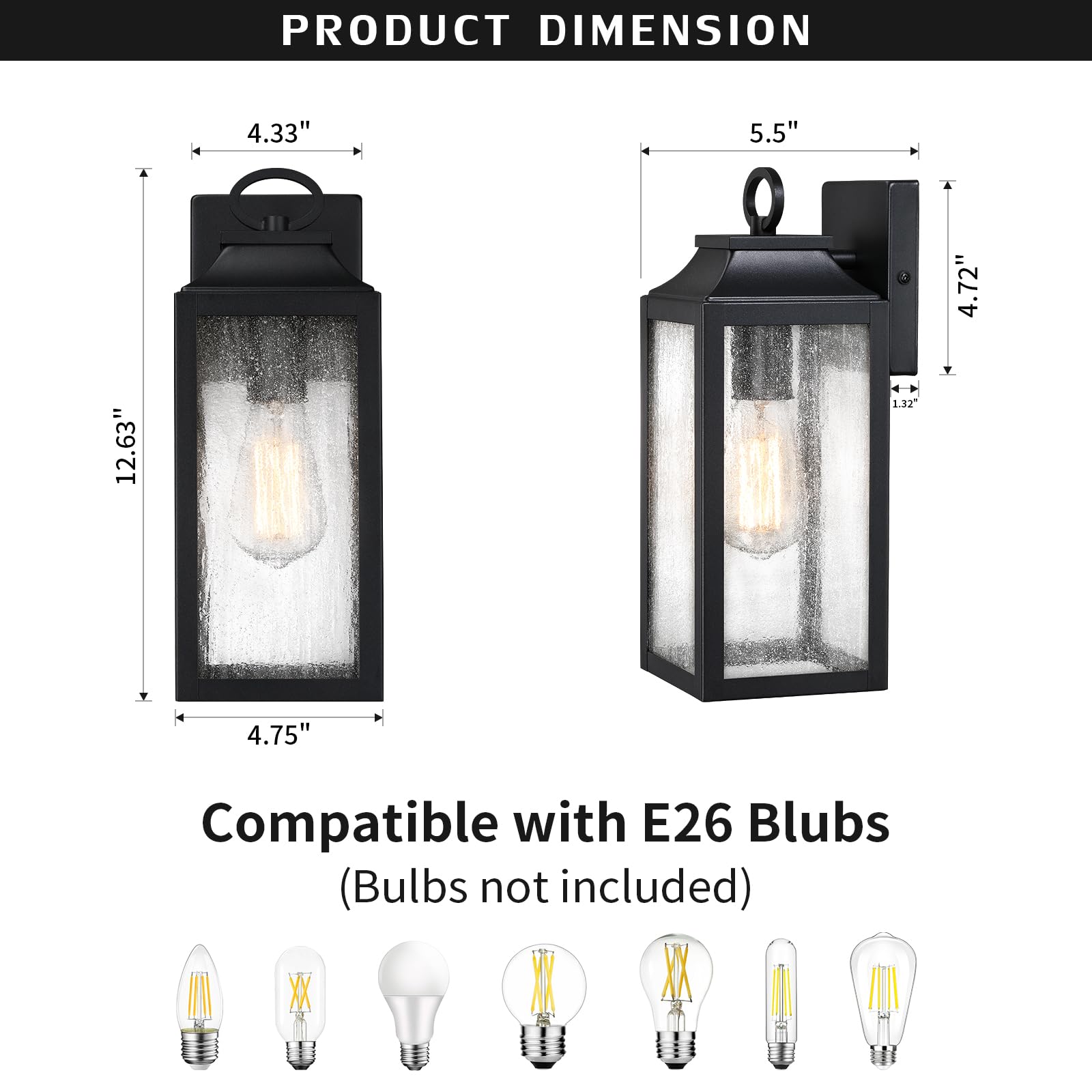 Yklitg 2 Pack Outdooor Wall Light Fixture,12.63'' Porch Exterior Wall Lantern Lighting,Black Industrial Sconce With Seeded Glass