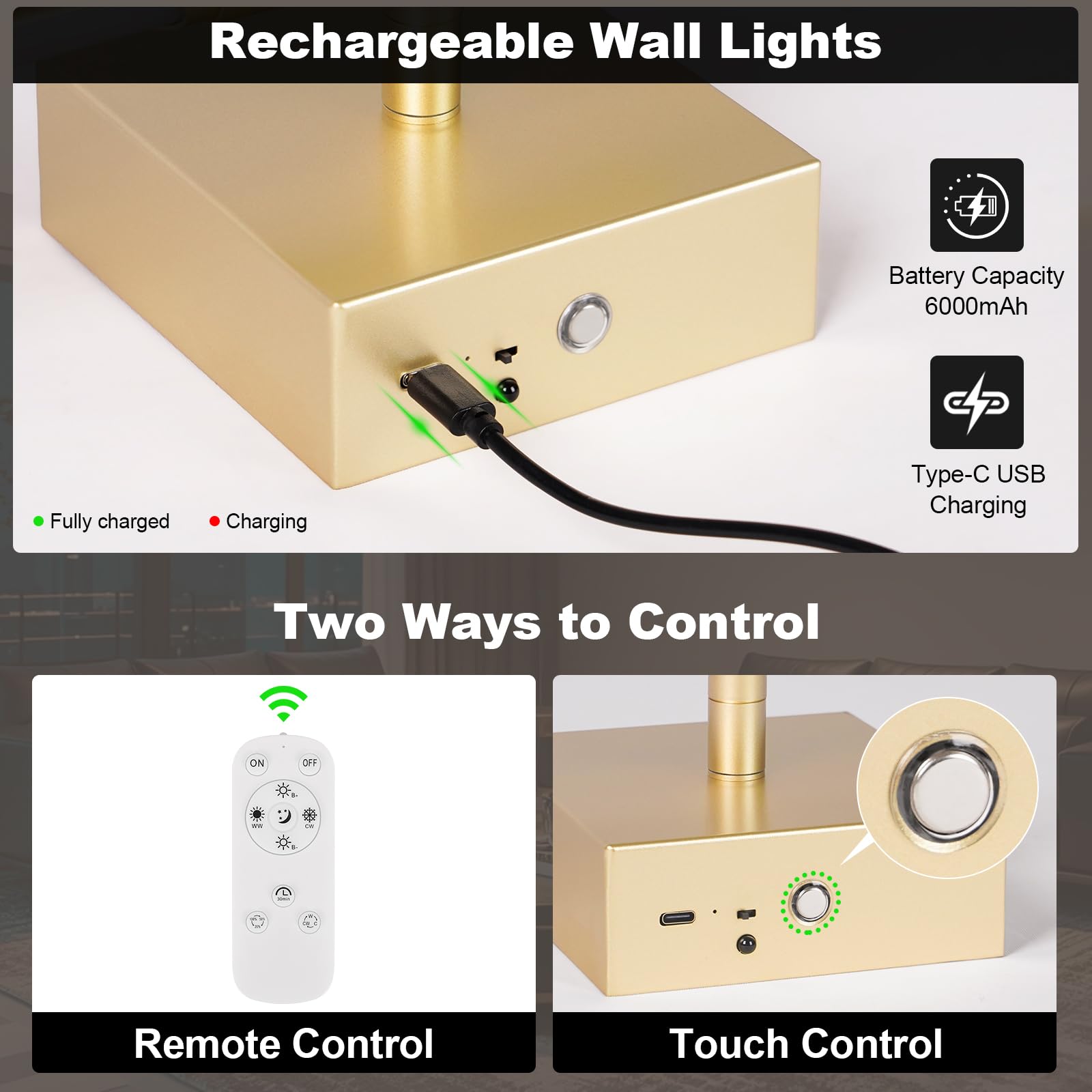 JZEKVN Battery Operated Wall Sconce Set of Two, Dimmable 3000K-6000K, 29.1in Gold, Remote Control, Metal, Model 202