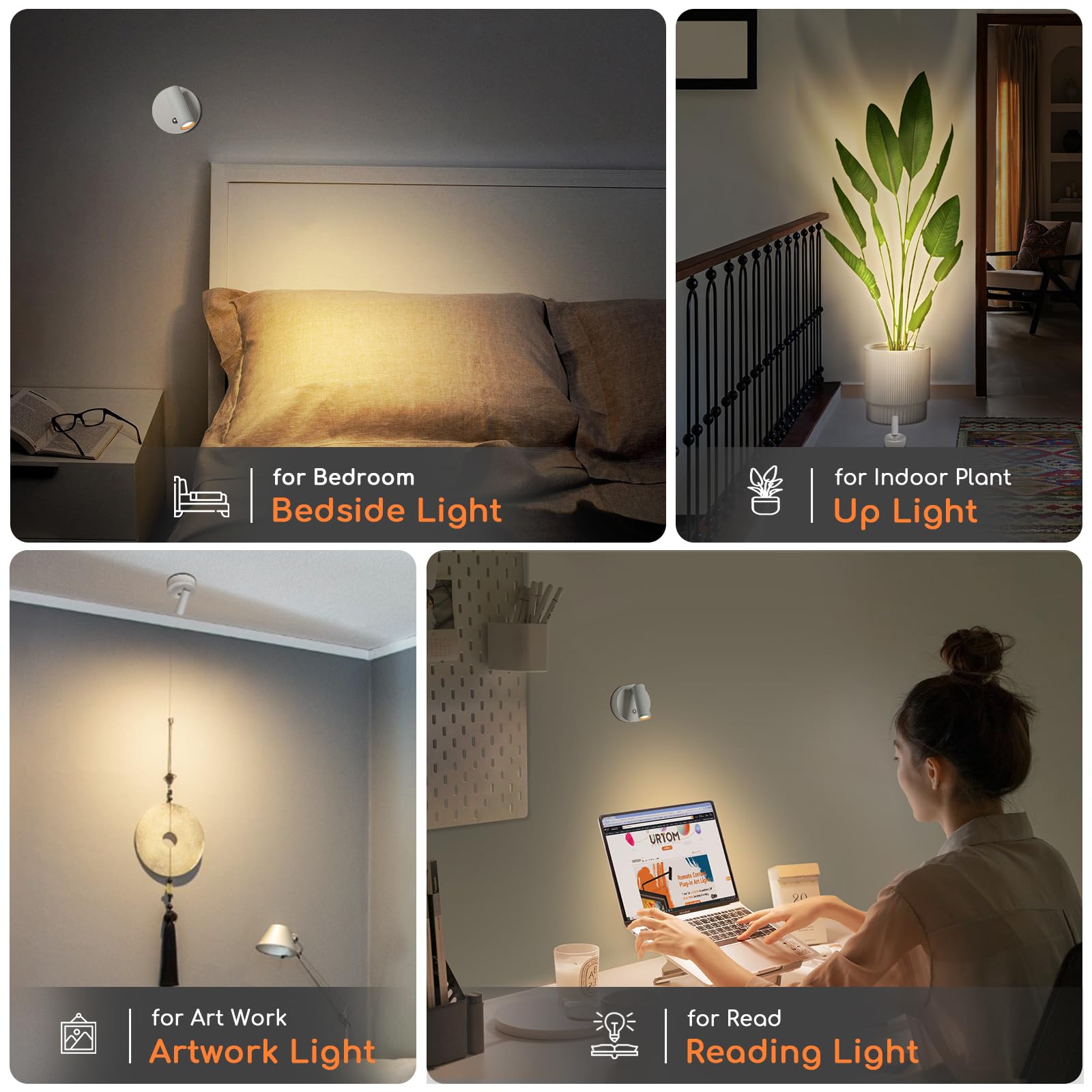 URTOM Wireless Indoor Spotlight, Rechargeable LED Uplighting, Dimmable Warm White, 2 Pack, Battery Operated, Model SBWSR03A02W, White