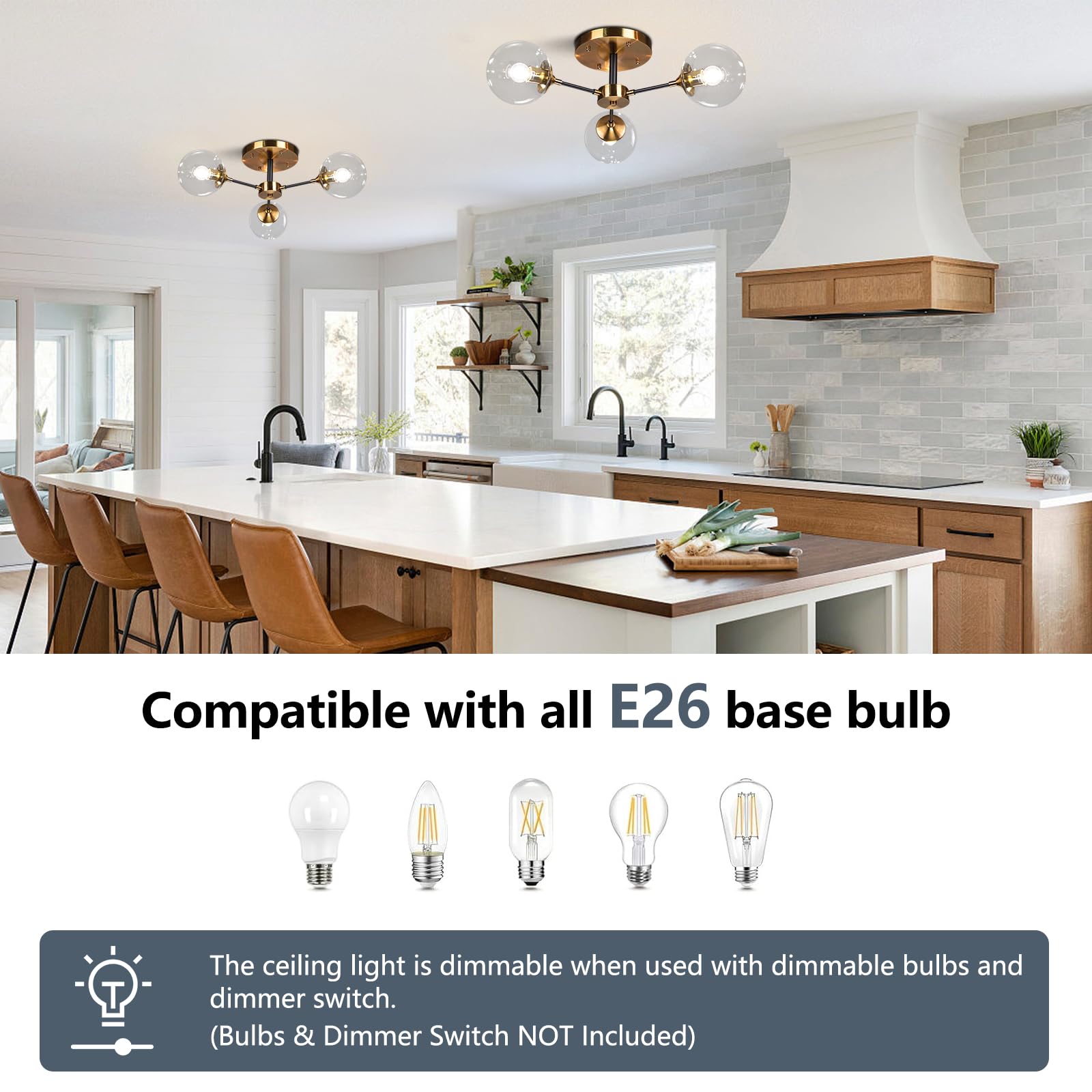 Kco Lighting Mid-Century Modern Semi Flush Mount Ceiling Light 3-Light Clear Glass Bubble Chandelier Black Gold Sputnik Close To