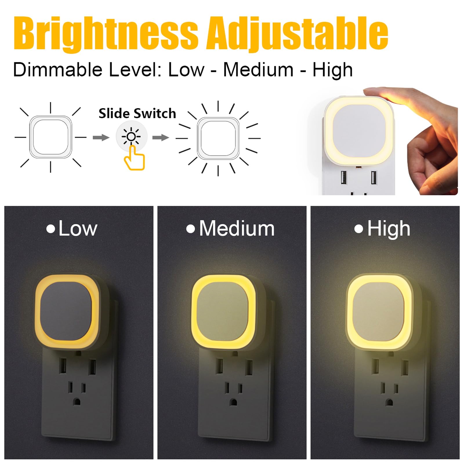 Yunlex 2 Pack Plug In Dimmable Square Nightlight, Auto Dusk To Dawn Sensor, Led Wall Night Light, Soft Glow, Warm White Night Light For Bathroom, Hallway, Kitchen, Bedroom, Garage