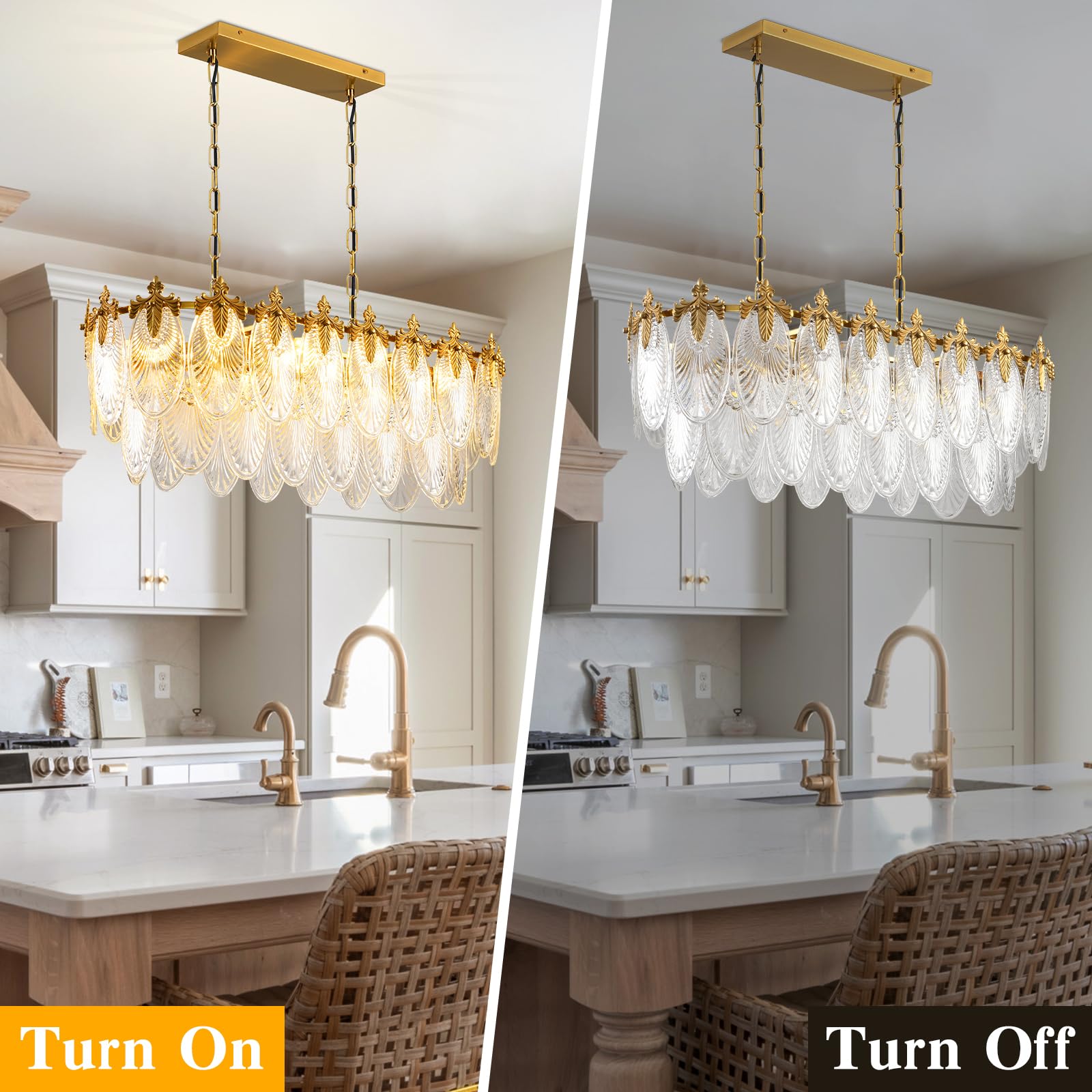 Keluoly Rectangular Crystal Glass Chandelier, L33.5'' Brass Gold Chandelier Lighting Fixture, Height Adjustable Oval Ceiling Pen