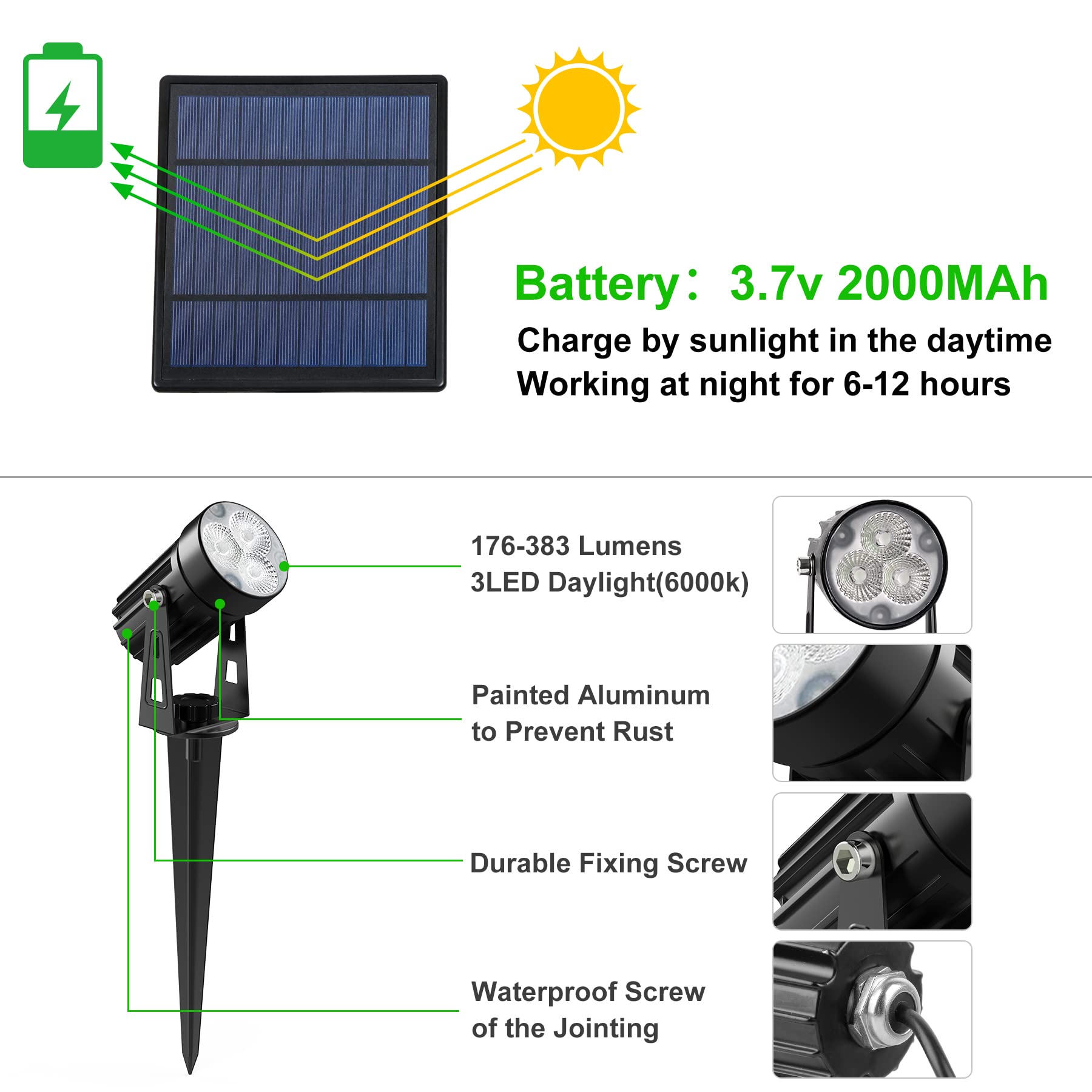 Crepow Solar Spot Lights Outdoor, 3-In-1 Solar Garden Spotlights Ip65 Waterproof 9.8Ft Cable, 5W 4000Mah Separated Solar Panel,