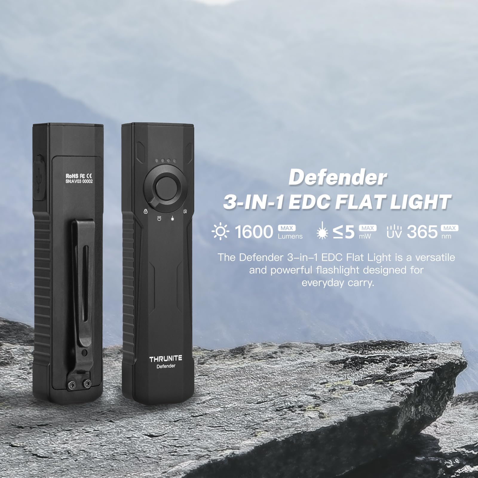 ThruNite Defender 3-in-1 EDC Flashlight - 1600 Lumens, White, UV & Green Light, Black