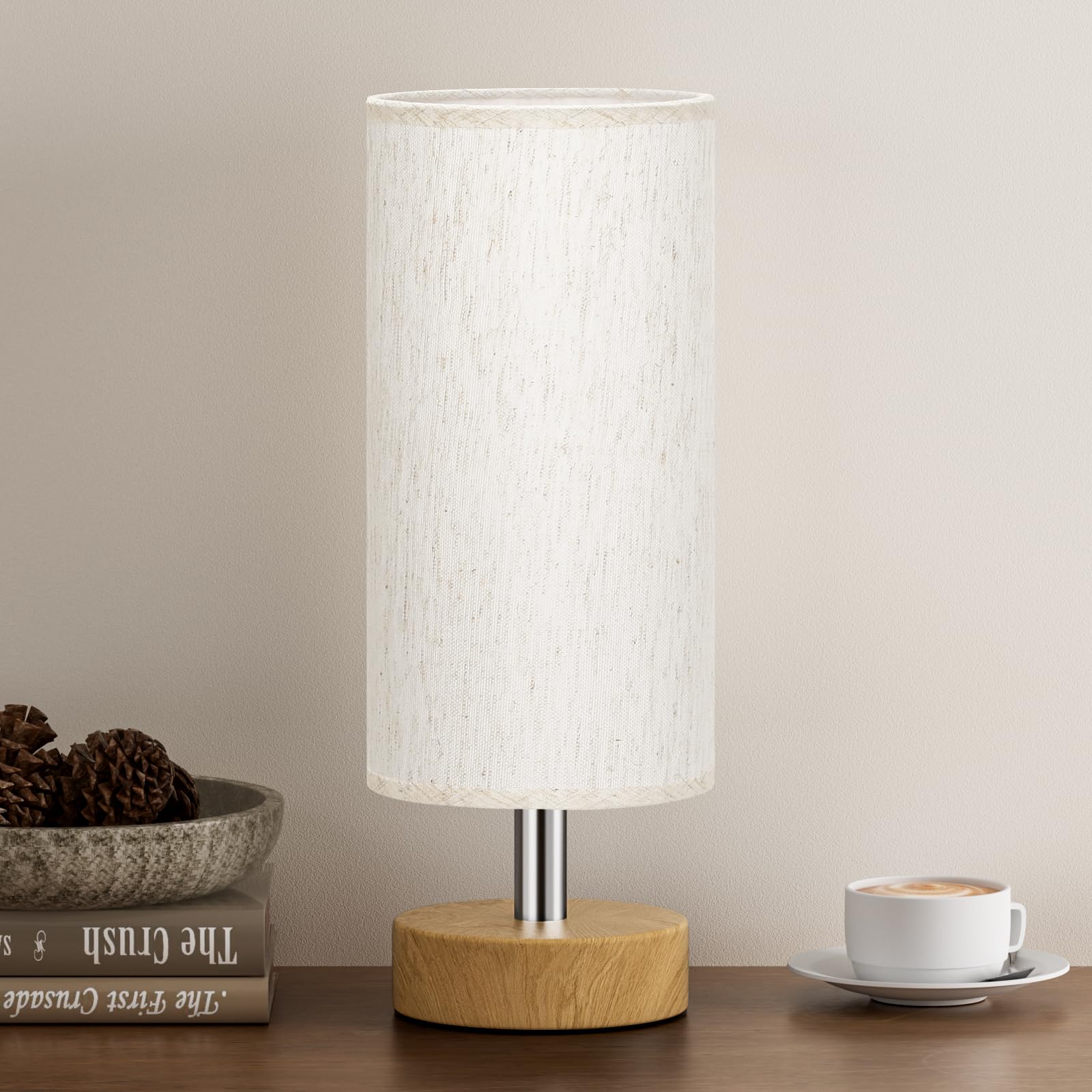 PartageiZ Small Table Lamp - Cream Shade, Wood Base, 11.6in Inline Control, Minimalist Design for Bedroom, Office, Living Room, Kids Room