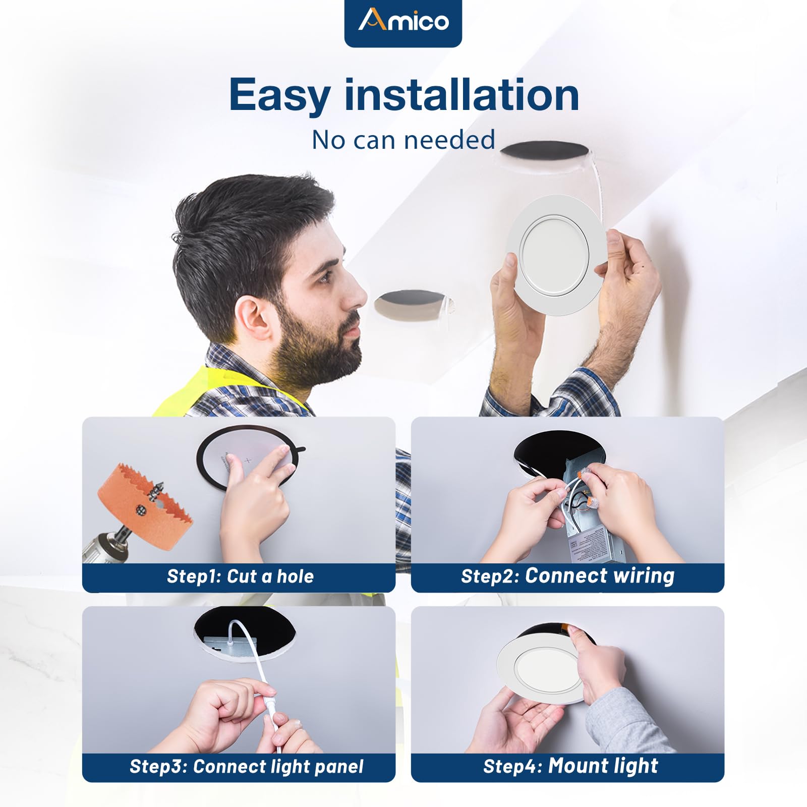Amico 4 Pack 6 Inch 5Cct Gimbal Led Recessed Lighting  360&90 Adjustable Eyeball Directional Downlight  Dimmable  2700K/3000K/3500K/4000K/5000K Selectable  Cri90+ 12W 1200Lm  Etl&Fcc