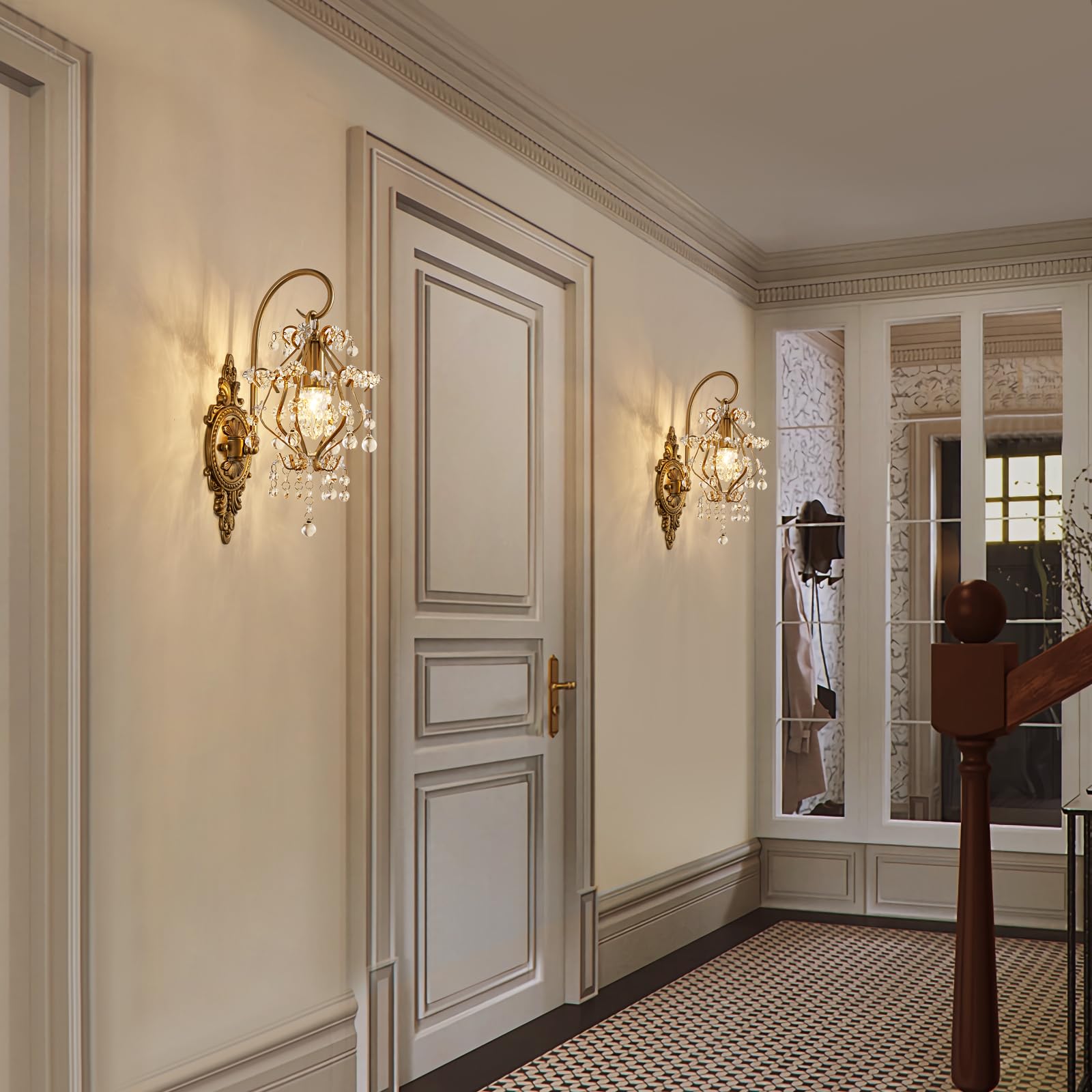 Fetason 2 Pack Vintage Gold Wall Sconces, Crystal Wall Light Fixture, E12 LED for Bedroom, Living Room, Bathroom - Model YY801