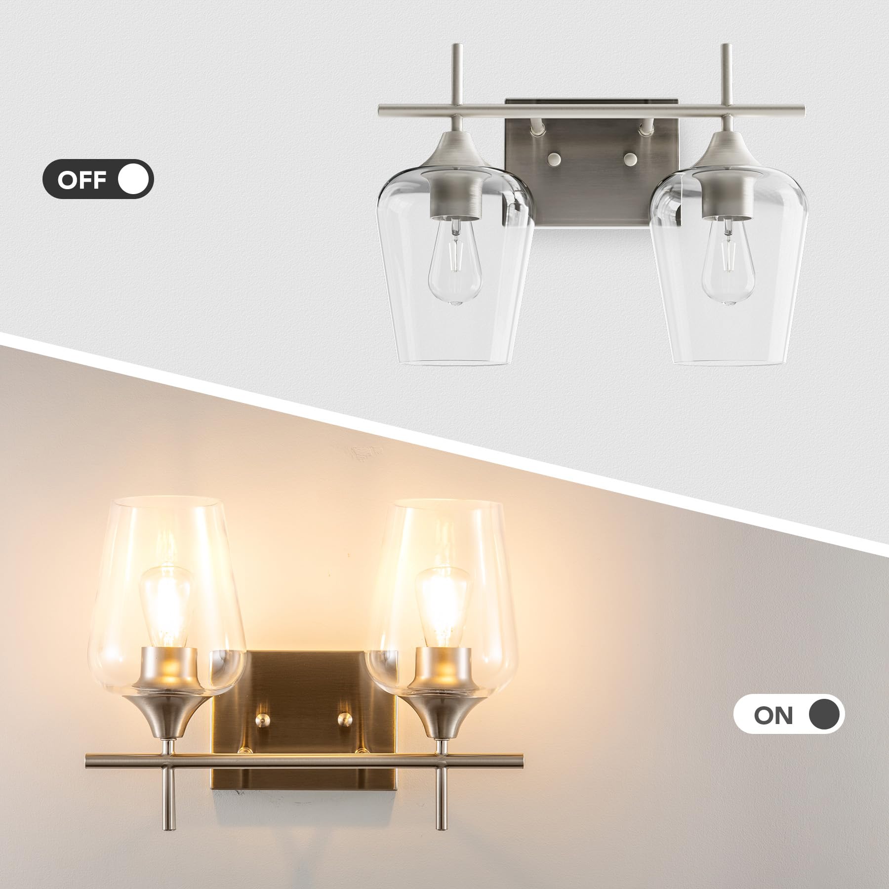 VONLUCE Bathroom Vanity Light Fixture, 2-Light Brushed Nickel, Clear Glass, Model HCF2802NI