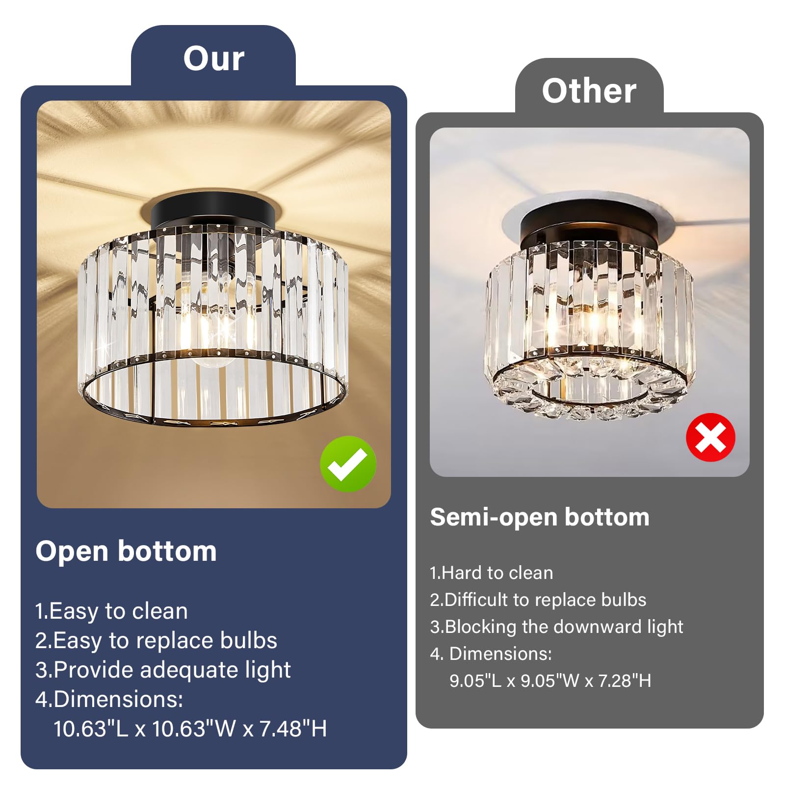 VIOLOEMI Modern Ceiling Light, Black Metal Crystal Fixture, 27CM Semi Flush Mount for Bathroom, Entryway, Bedroom, Kitchen, Living Room
