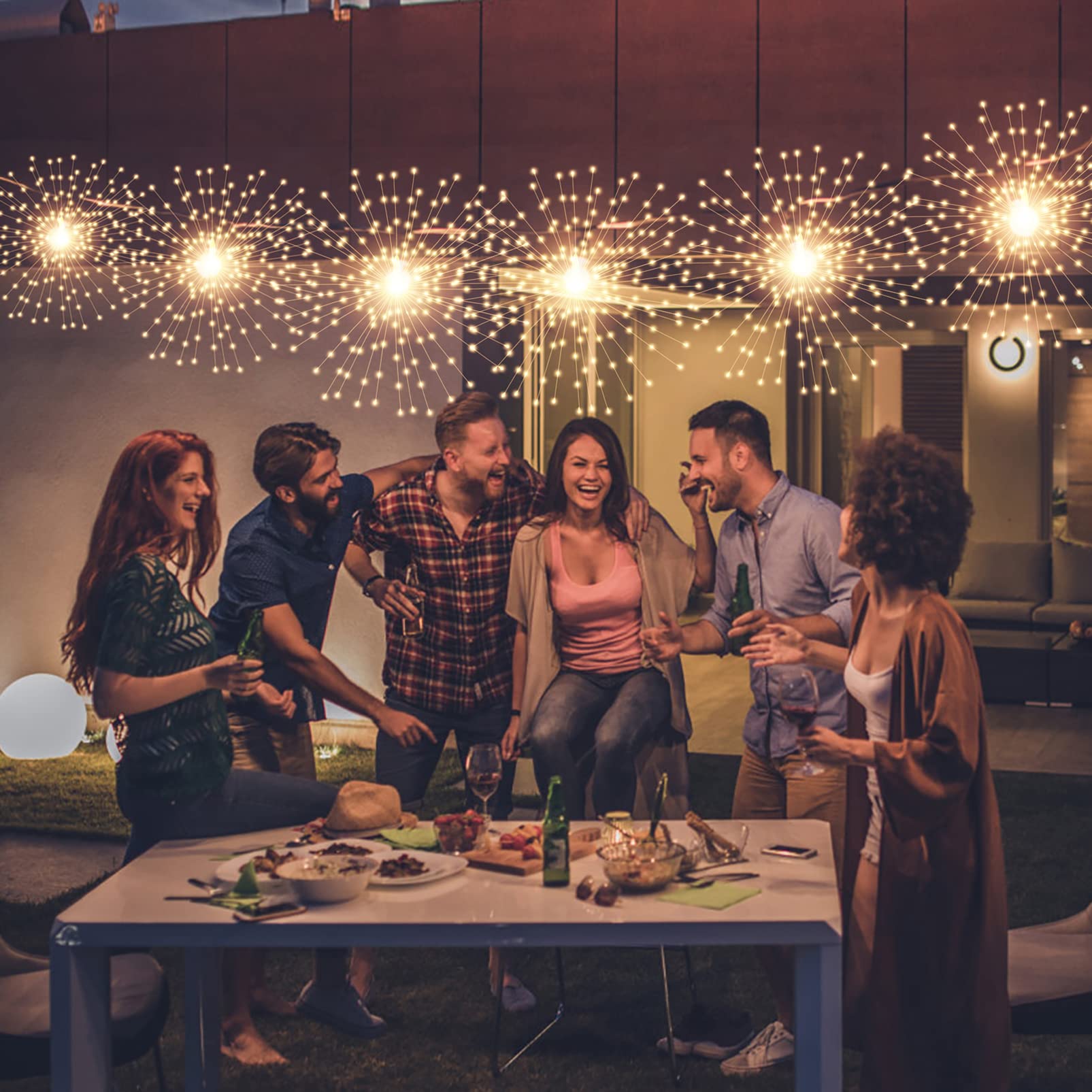SHUKAN 200 LED Starburst Sphere Lights, Warm White, Battery Powered, Waterproof, Remote Control for Home Decor and Parties