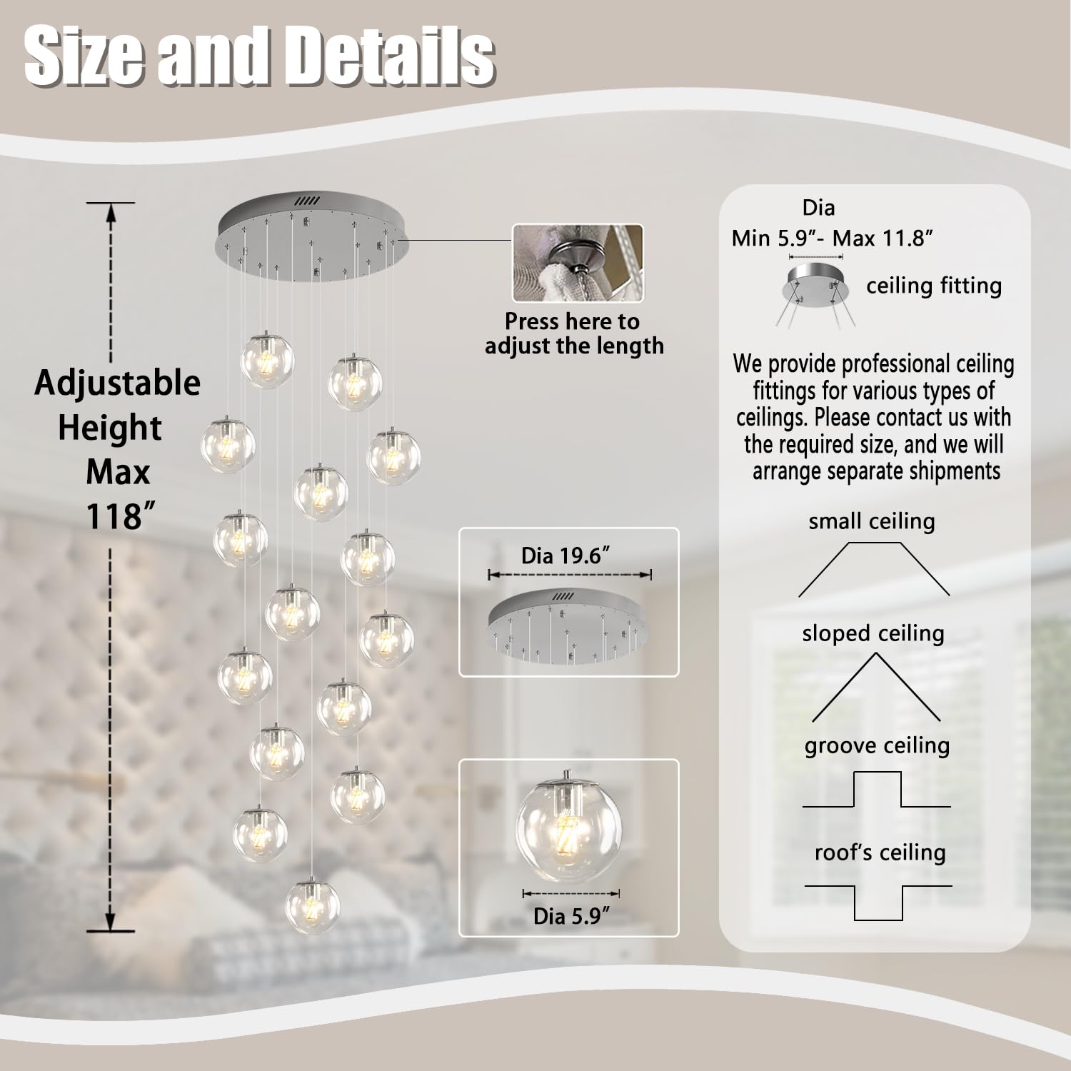 ykolupty H118 LED Staircase Chandelier - 15-Light Clear Glass Pendant Light for High Ceilings, Modern Silver Lighting Fixture