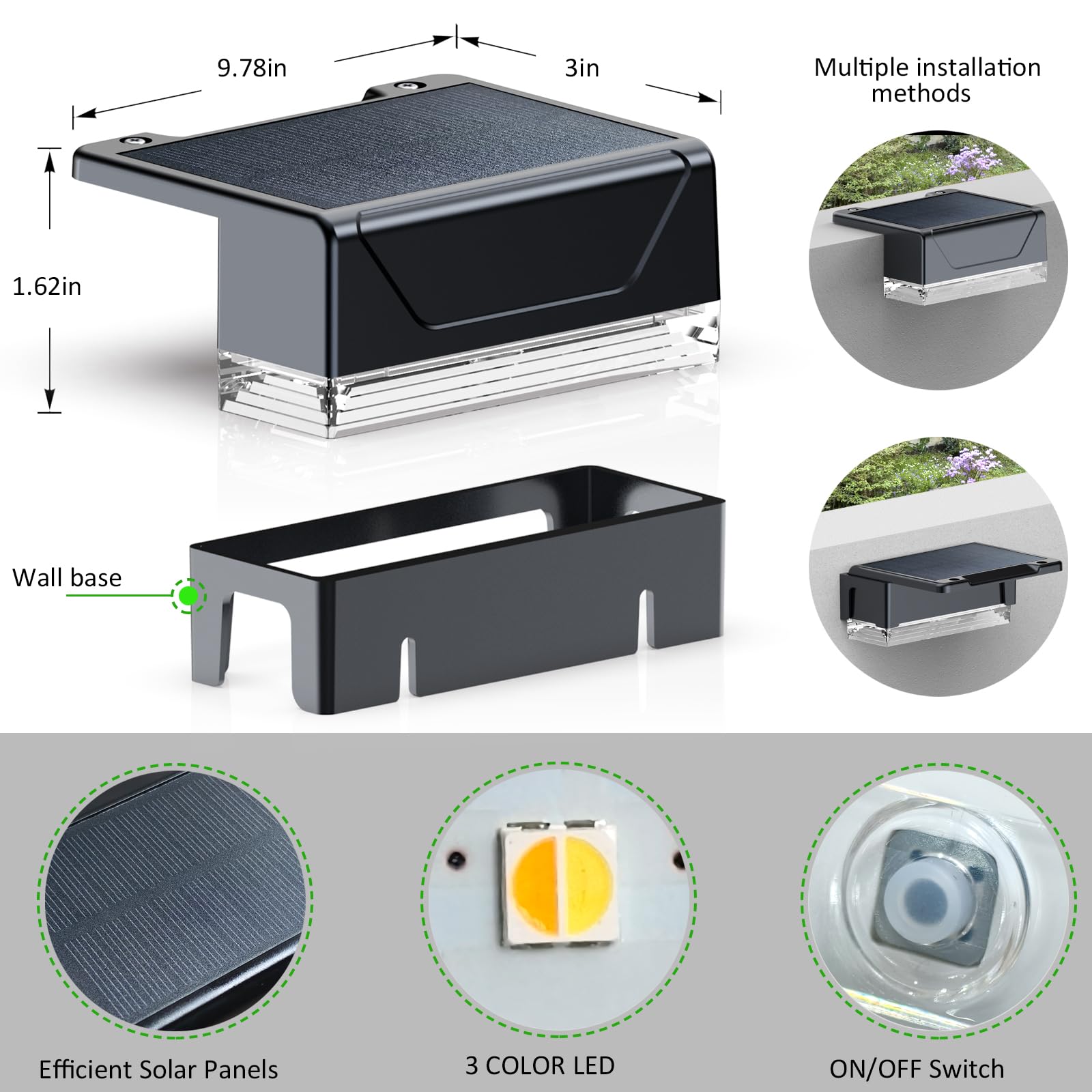 Lianglome 2Pk Solar Fence Lights Outdoor - 3000/4000/6000K 3 Mode, Ip65 Waterproof Fence Lights Solar Powered, Dusk To Dawn Sola