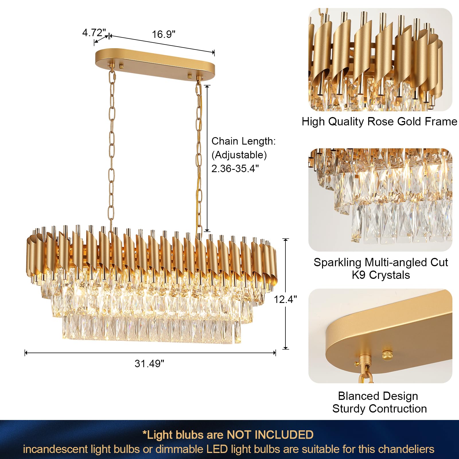A AXILIXI 8-Light Modern Rectangular Chandelier, 32" Gold Crystal Pendant Light for Dining Room & Kitchen Island, Model 8801