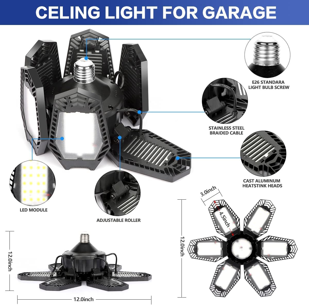 2 Pack LED Garage Lights, Deformable LED Garage Ceiling Light Deformable Light with 6 Adjustable Panels for Garage Workshop Base