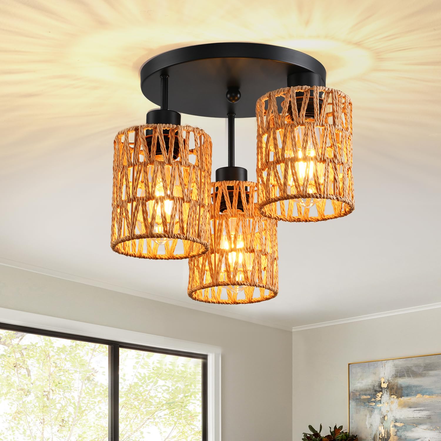 Shiweida 3 Lights Industrial Ceiling Light Fixtures,Iron Cage Ceiling Lamp Pendant Lighting,3-Light Close To Ceiling Light Fixtu