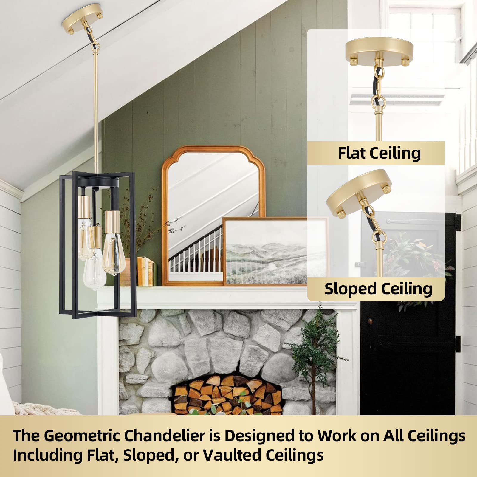 Industrial Farmhouse Pendant Lights, Rectangle 3-Light Modern Black And Golden Chandelier,Geometric Metal Cage Adjustable Rods Pendant Lighting Fixture For Kitchen Island Dining Room Living Room Foyer