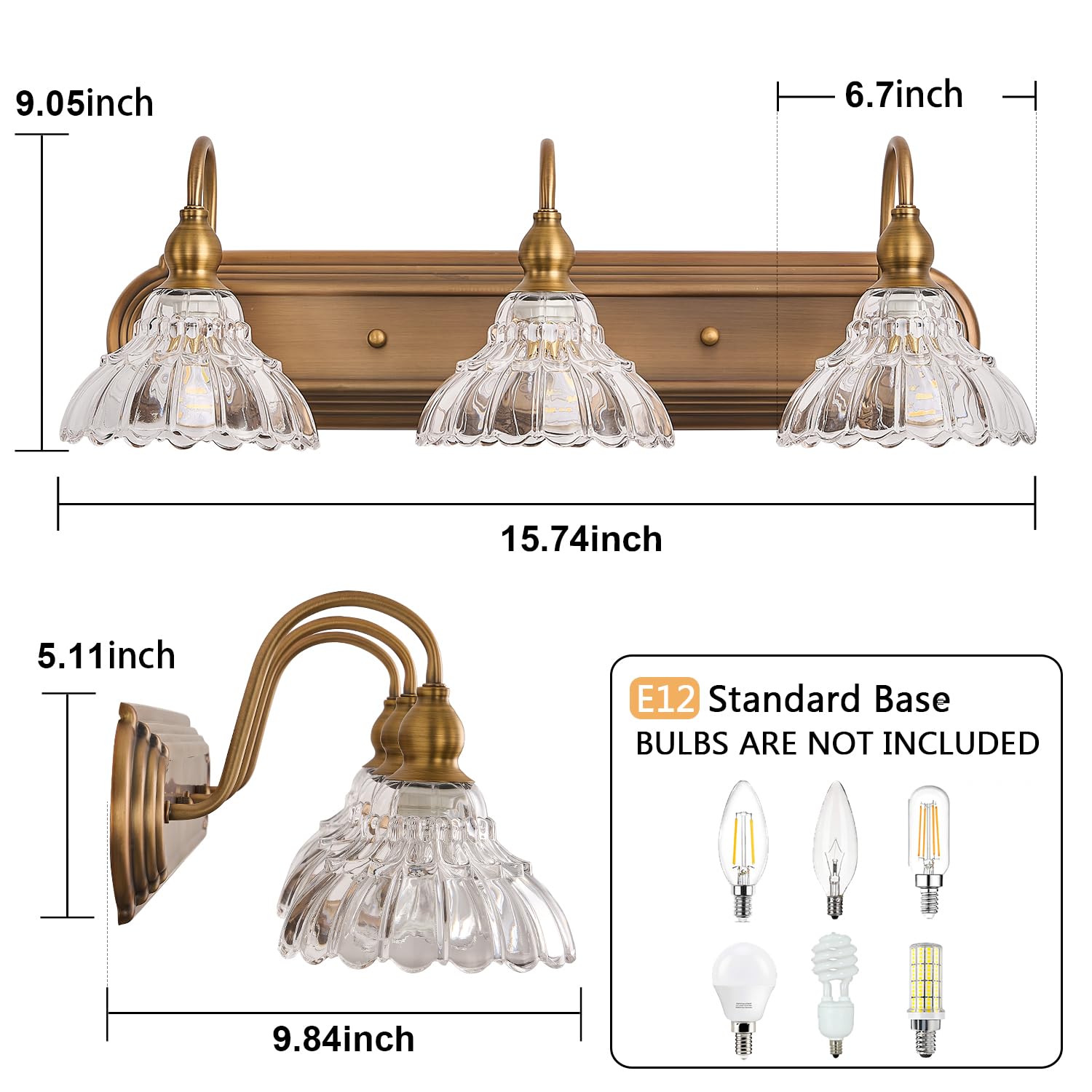 TLOLGT Vintage 3-Light Bathroom Vanity Lighting Fixture, Brass Glass Sconces, Retro Design, Model CP178-3T