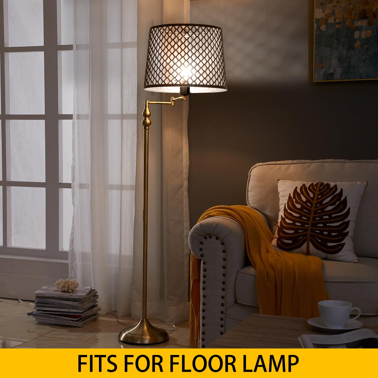 ALUCSET Metal Drum Lampshade, Arrow Design, 12x14x10 Inch, Black/Gold, Model LLA19231