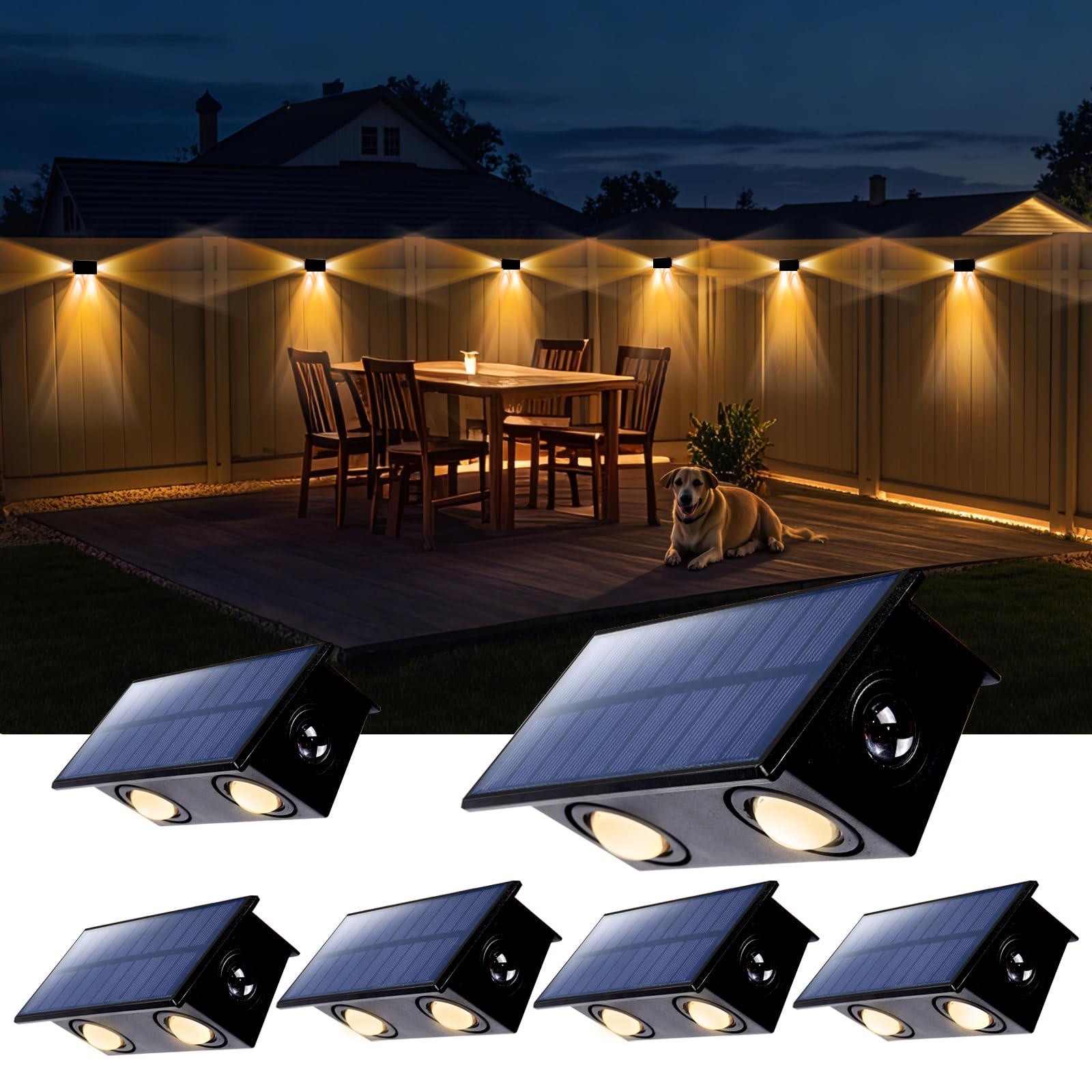 GOMAZBEA Fence Lights Solar Powered Outdoor Waterproof 3 Sided Wall LED Landscaping for Yard  Deck  Patio  Rail  Garage  Pool  Balcony  Energy Efficient Warm White Safety (Warm  3Sides-6Pack Light)