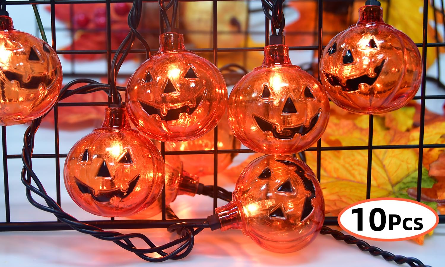 Pasuto Halloween Lights Pumpkin String Lights, 8.5 Feet Pumpkin Lights With 10Pcs Pumpkin Lantern Lights, For Halloween Indoor Outdoor Party Yard Home Decor Lights (Orange Incandescent Bulb)