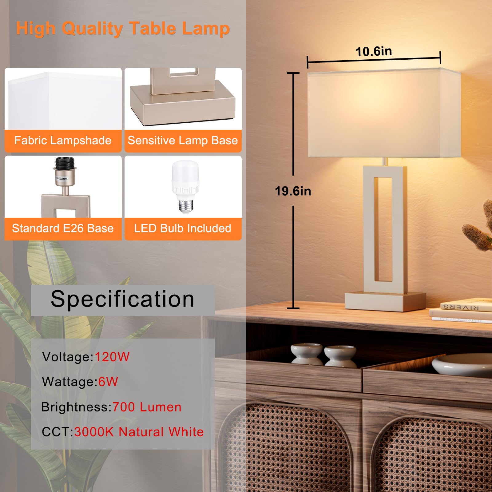 Seealle Nightstand Table Lamps Set of 2 - Touch Control, USB C+A, 3-Way Dimmable, Medium Size, White & Flash-Grey