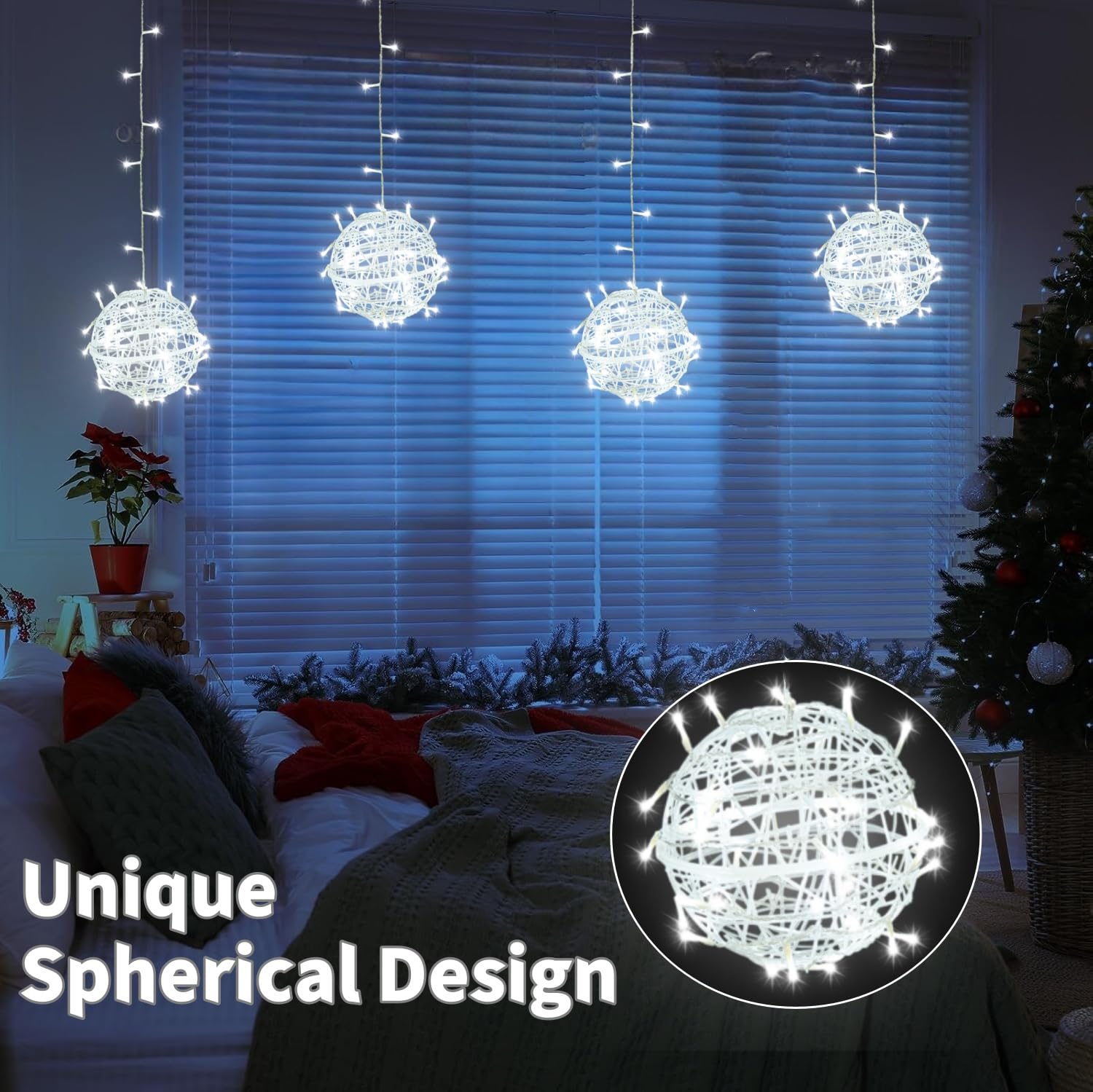 Outdoor Christmas Balls Lights 4 Pack Hanging 7.9" Led Garden Sphere Tree Lights 8 Modes Waterproof Glow Globe Light With Memory Timer Plug For Yard Porch Eave Patio Home Bedroom Decoration-Cool White