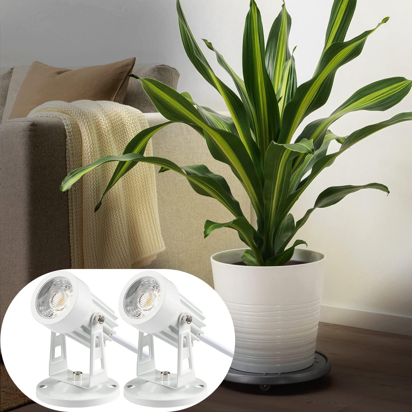 SUNVIE LED Spot Lights 2 Pack for Indoor Plants, Warm White, Aluminum, 5.9 FT Cord with Foot Switch, White Base and Stake Included
