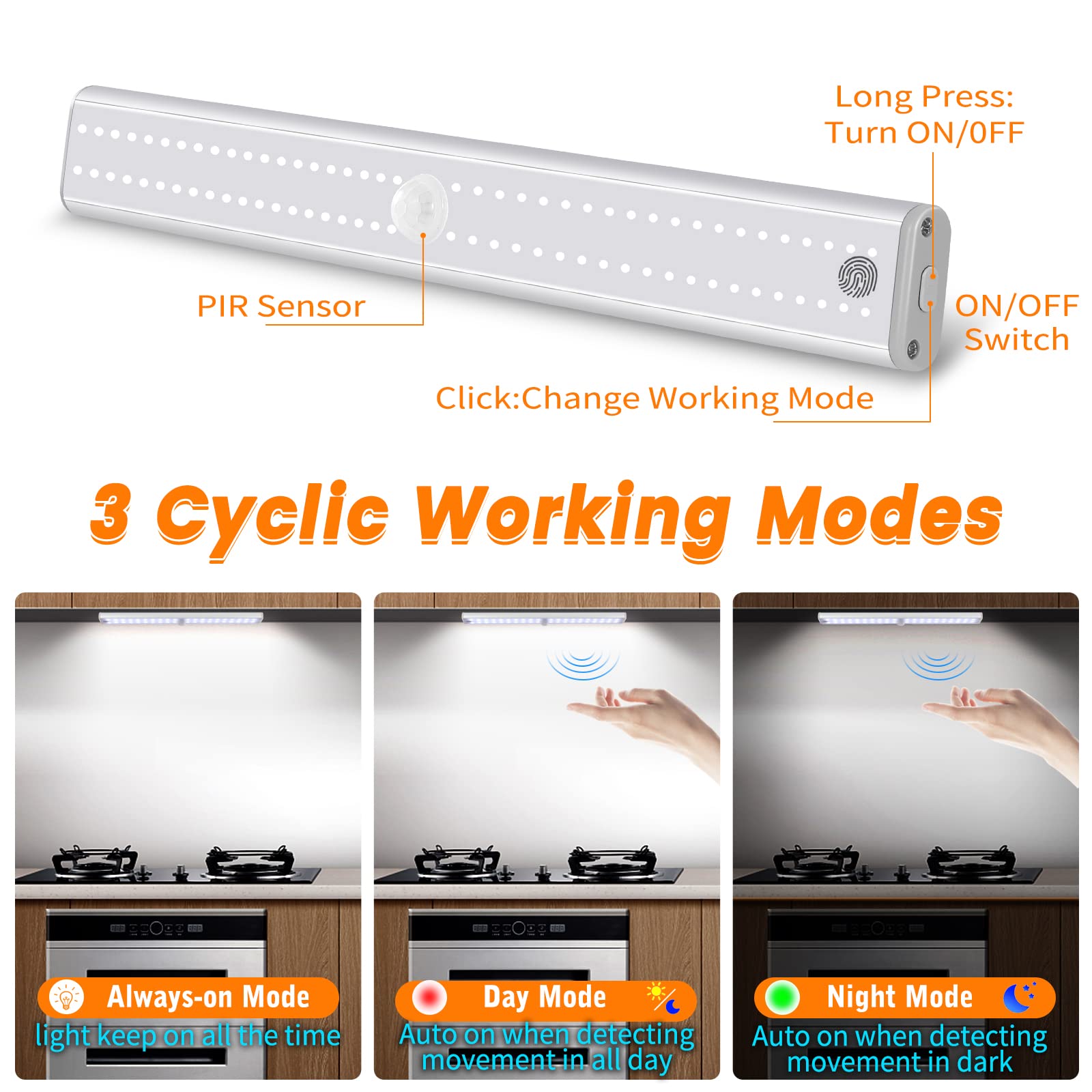 Goodland Wireless Under Cabinet Lights, Dimmable Motion Sensor, 80 LED, Rechargeable, Magnetic, Silver, 1-Pack