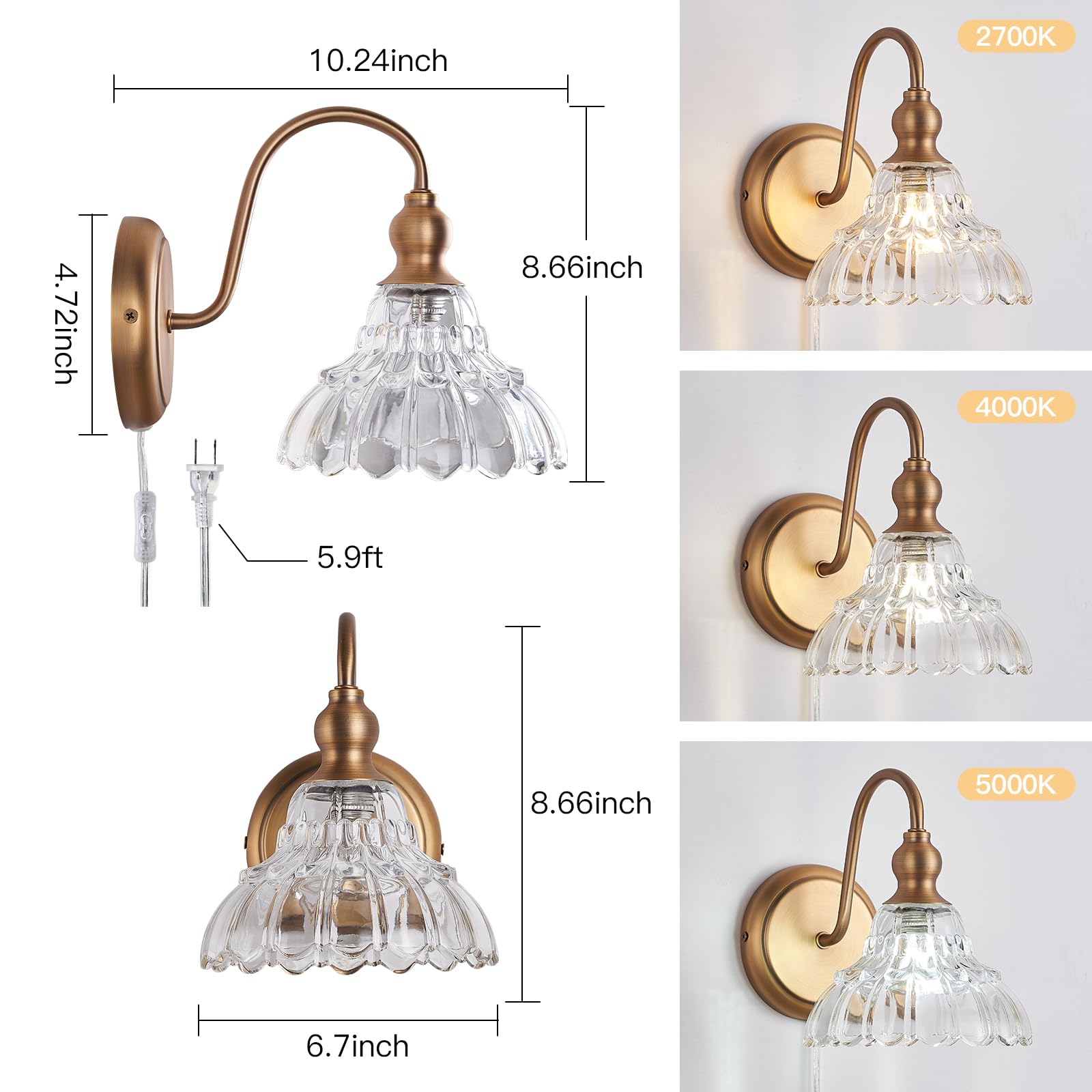 Tlolgt Plug In Vintage Wall Sconces Set Of Two Brass Modern Wall Light Fixtures Antique Vanity Lights For Living Room Fireplace Bathroom Bedroom Coffee Room