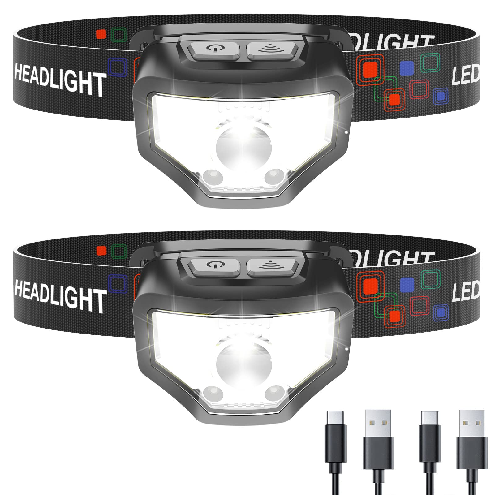 Curtsod Headlamp Rechargeable, 2-Pack 1200 Lumen Super Bright With White Red Led Head Lamp Flashlight, 12 Modes, Motion Sensor,
