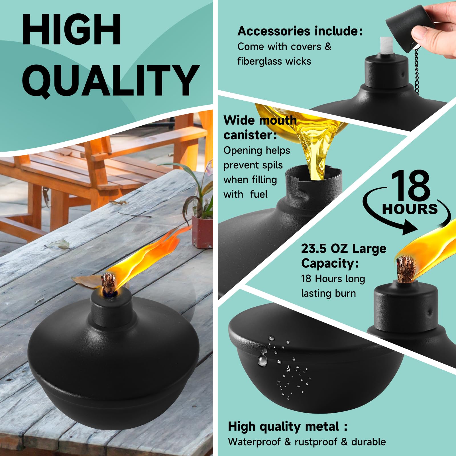 ZSPENG 6 Pack Metal Table Top Torches, Refillable Citronella Flame Light, 23.5 oz, Ideal for Party and Garden Decor