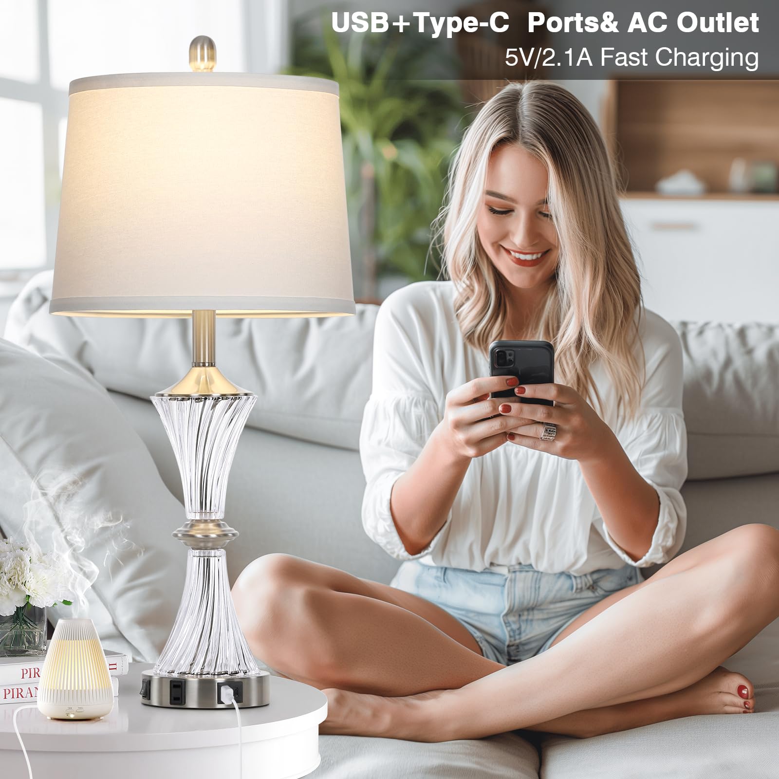 Rinweey Crystal Glass Table Lamp Set of 2 - USB C+A Ports & AC Outlet, Silver Modern Nightstand Lamps with LED Bulbs