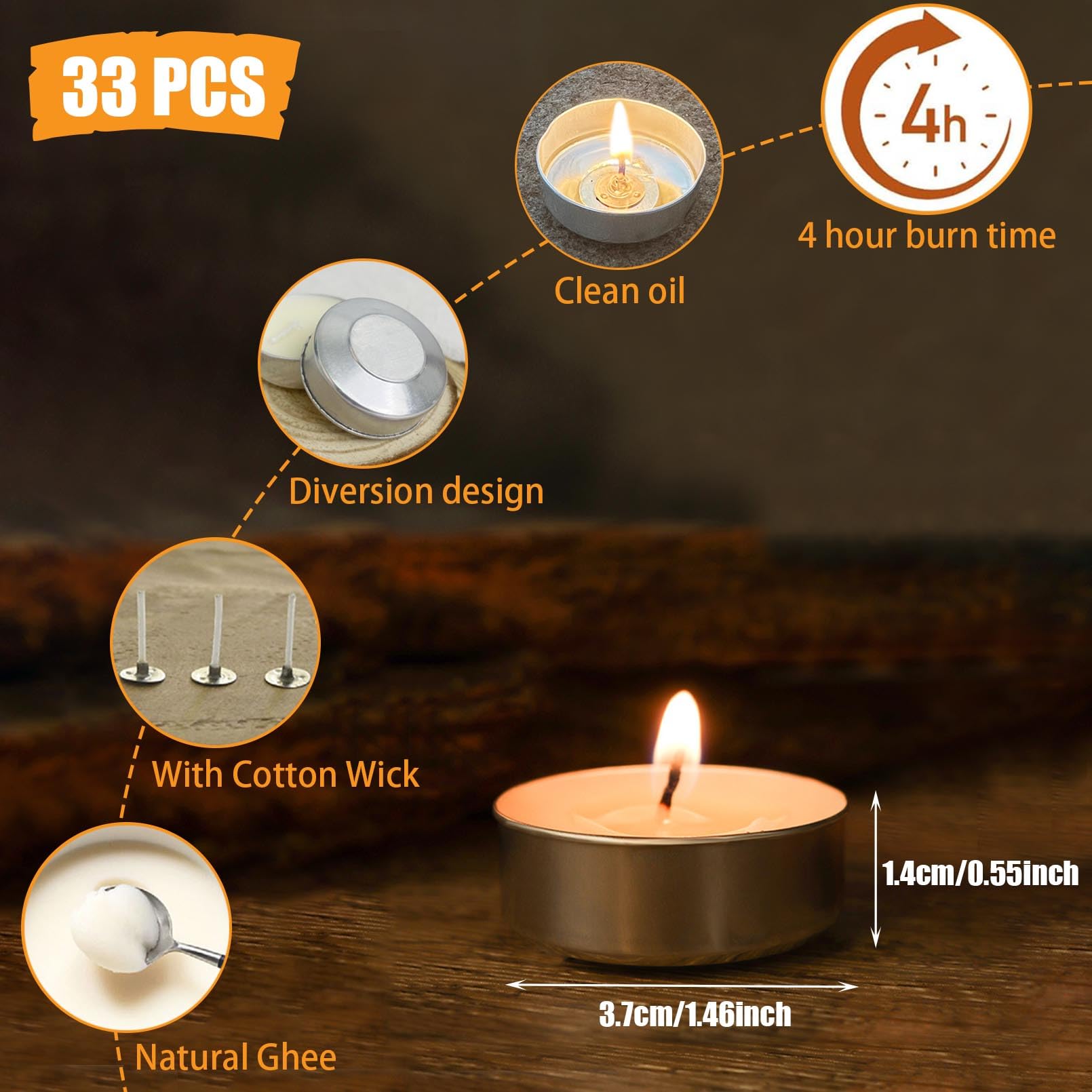 COTELEEC Tea Light Candles, 32 Pcs, 4 Hour Burn Time, Unscented, Smokeless, White, Model 33pcs-Tealight Candles
