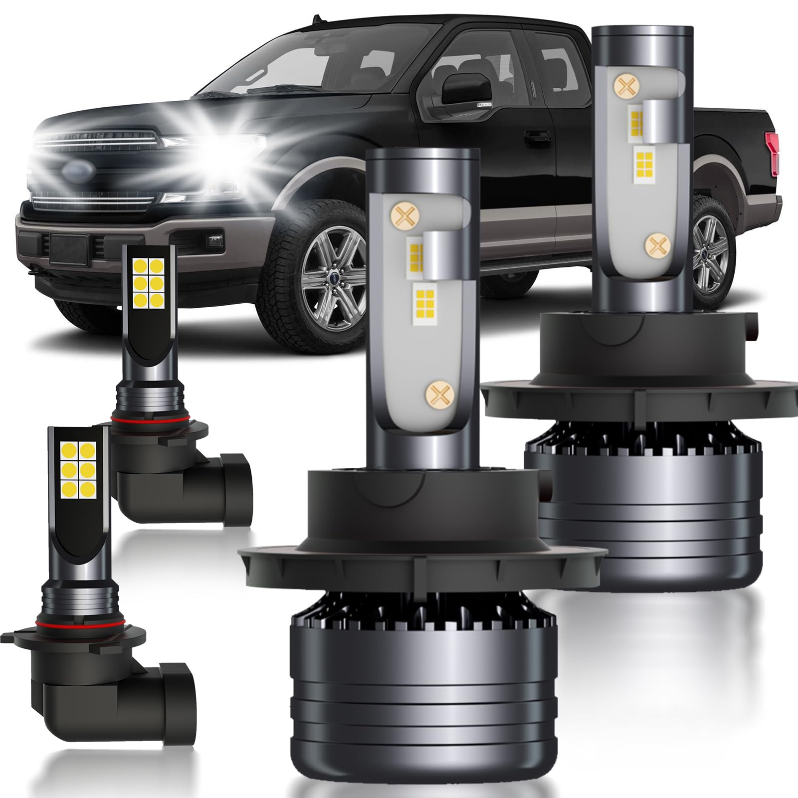 HUOKEDS LED Bulbs Combo for Ford F150 2004-2014, 4pcs Super Bright White High Low Beam & Fog Lights, Model HUO-H51A