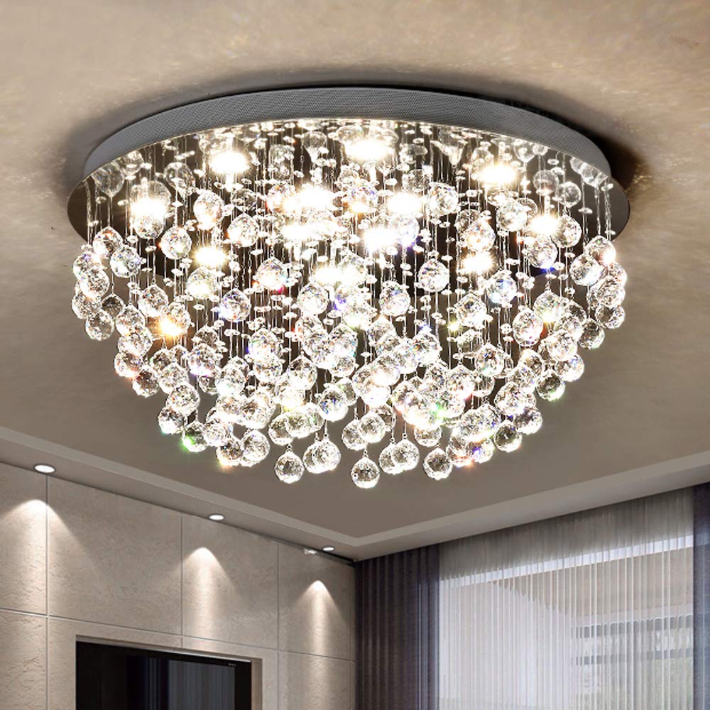 SM Saint Mossi 12-Lights Modern Chandelier, K9 Crystal Flush Mount Light Fixture, H13", Silver Finish for Bedroom, Dining Room, Living Room